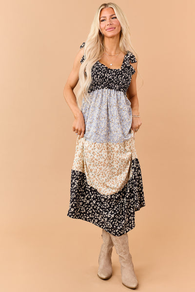 Black Colorblock Floral Smocked Bust Maxi Dress