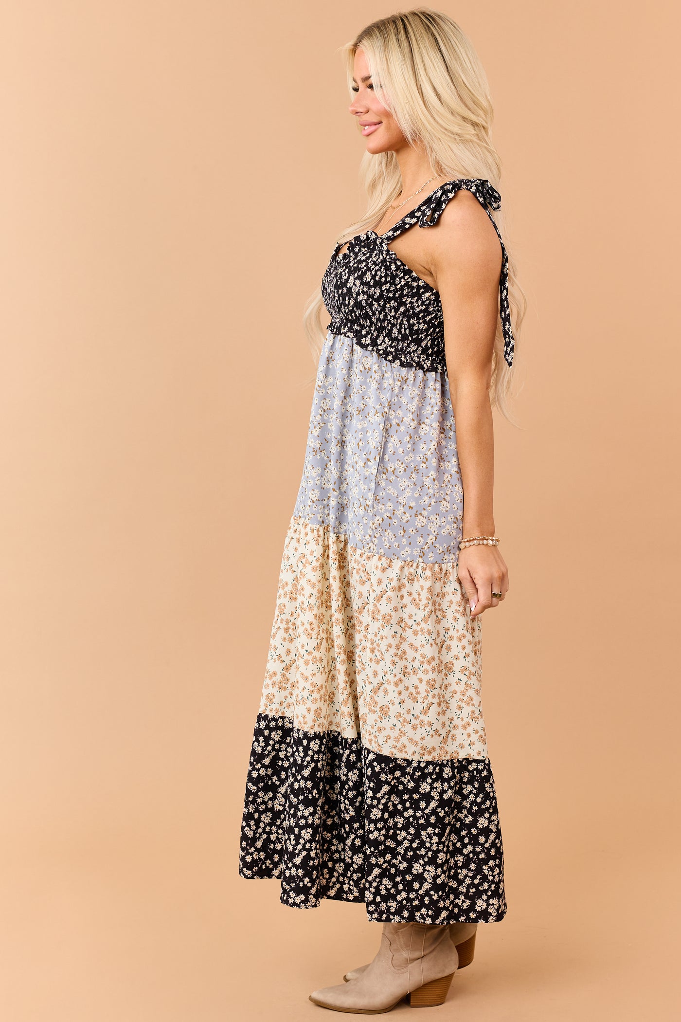 Black Colorblock Floral Smocked Bust Maxi Dress Black Colorblock Floral Smocked Bust Maxi Dress