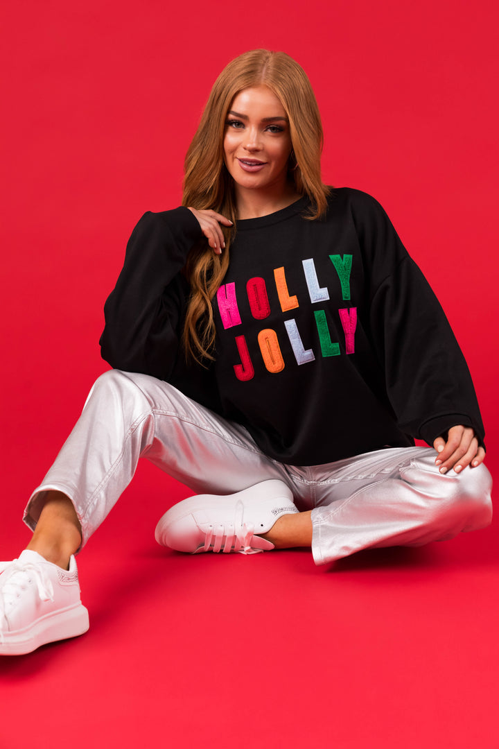 Black Colorful 'Holly Jolly' Graphic Pullover