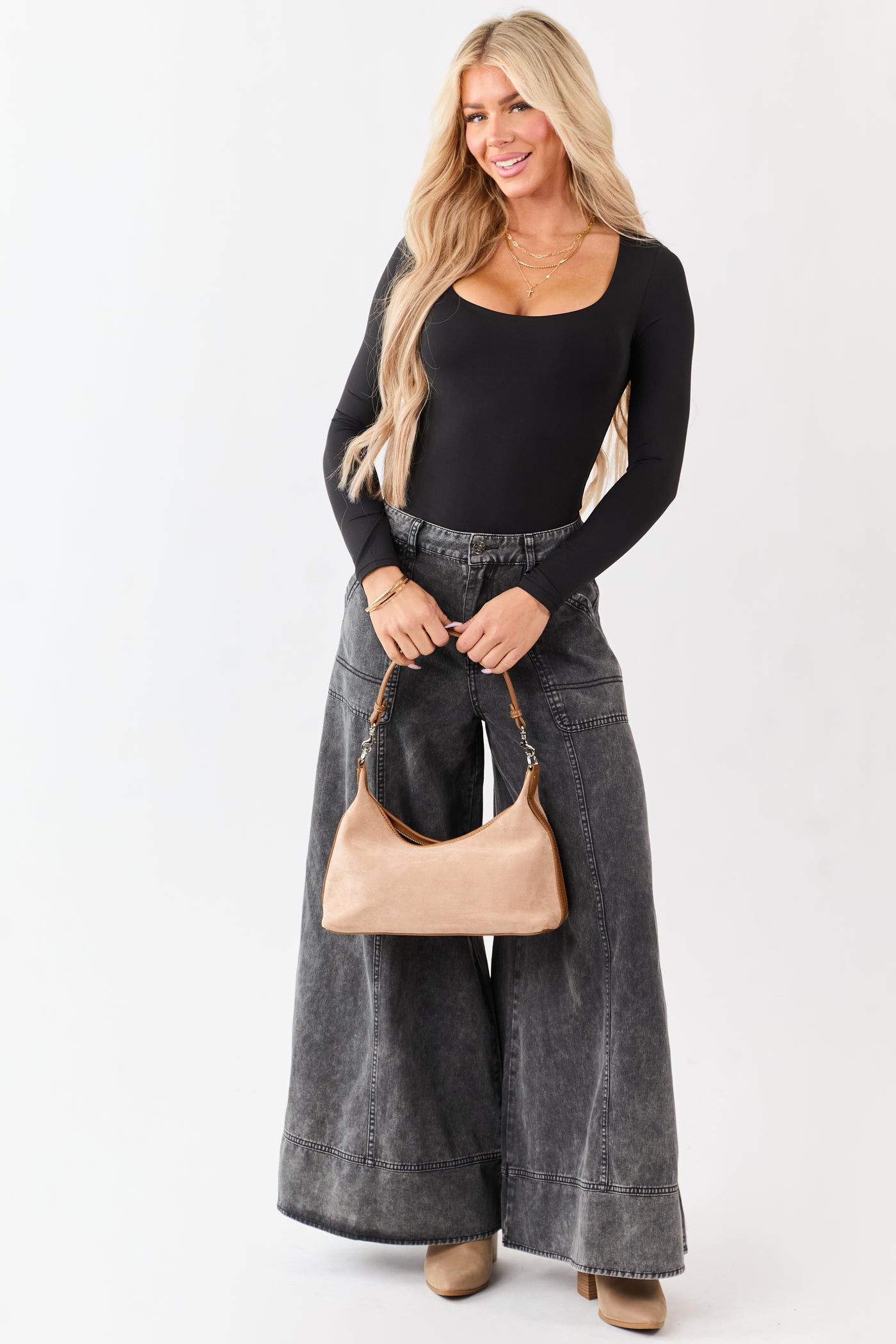 Black Contour Scoop Neck Long Sleeve Bodysuit