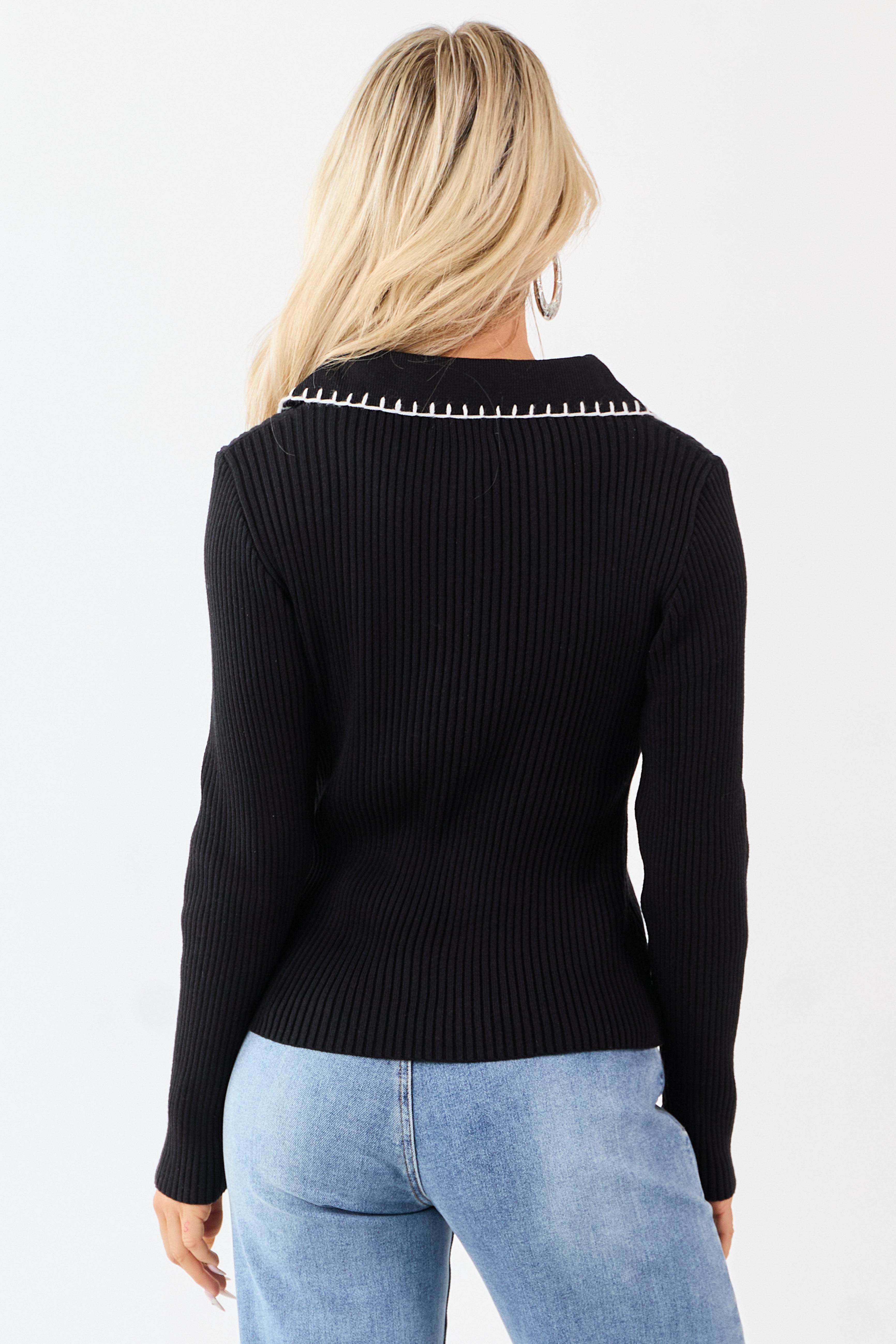Black Contrast Blanket Stitch Buttoned Sweater Top | Lime Lush