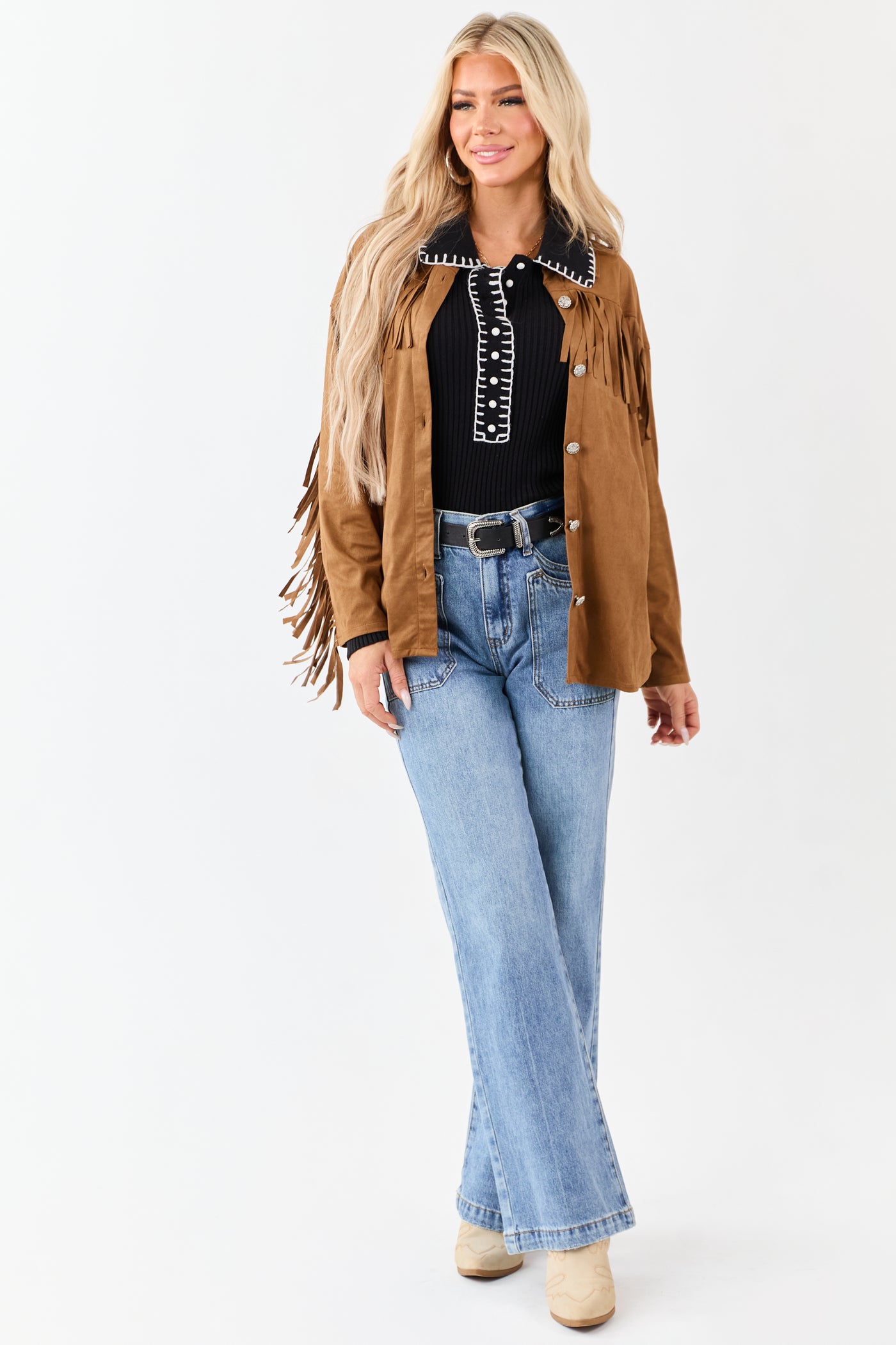 Black Contrast Blanket Stitch Buttoned Sweater Top