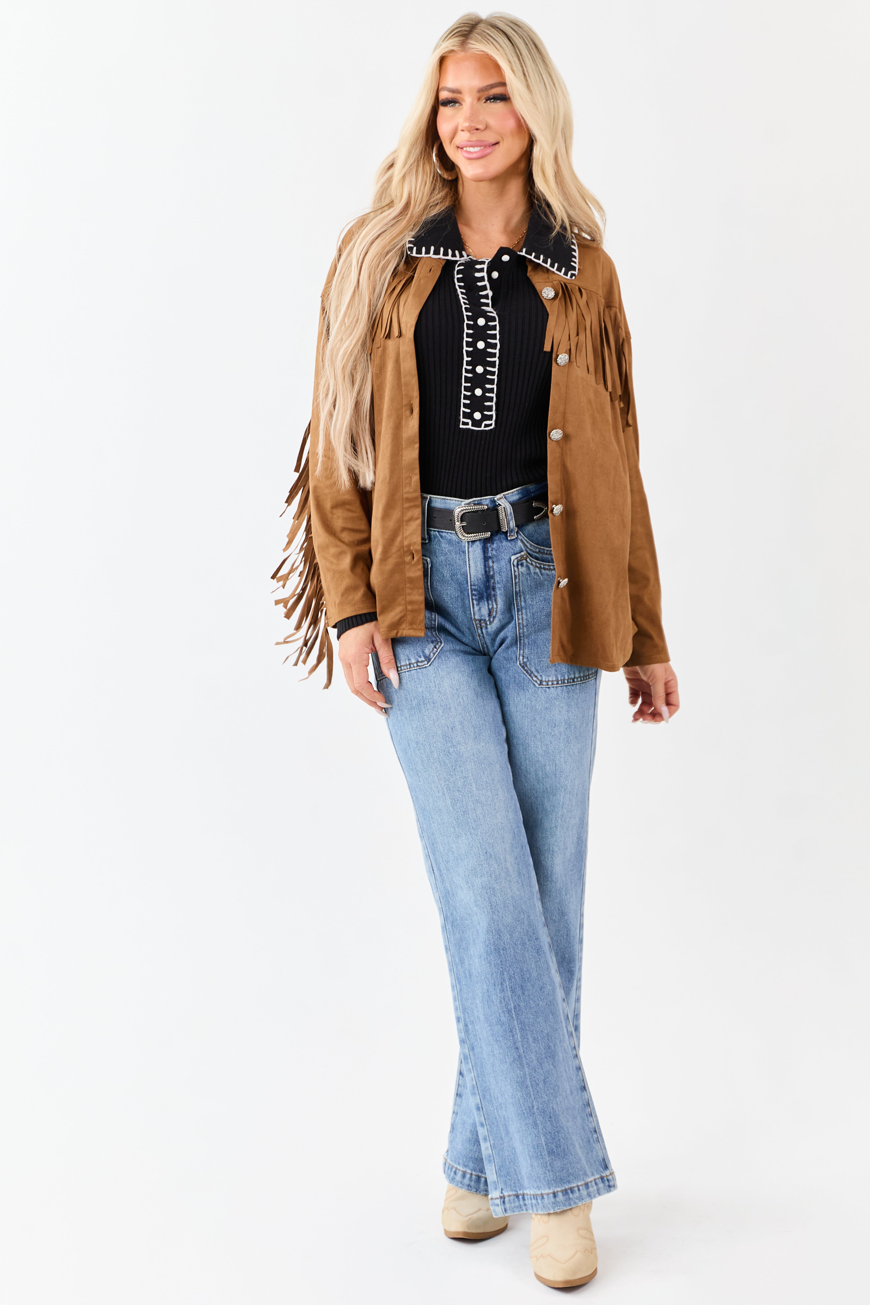 Black Contrast Blanket Stitch Buttoned Sweater Top