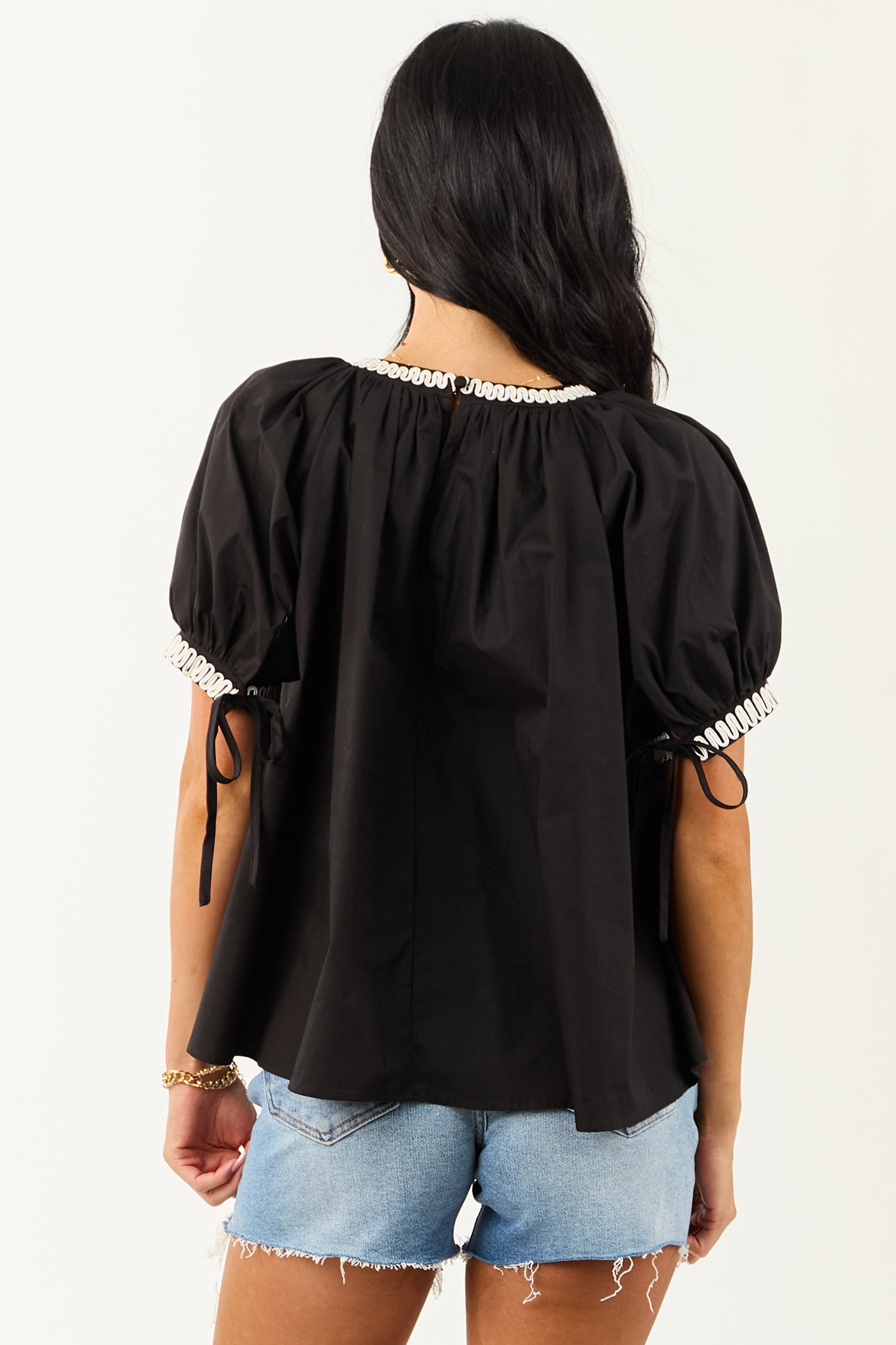 Black Contrast Embroidered Cotton Short Sleeve Top