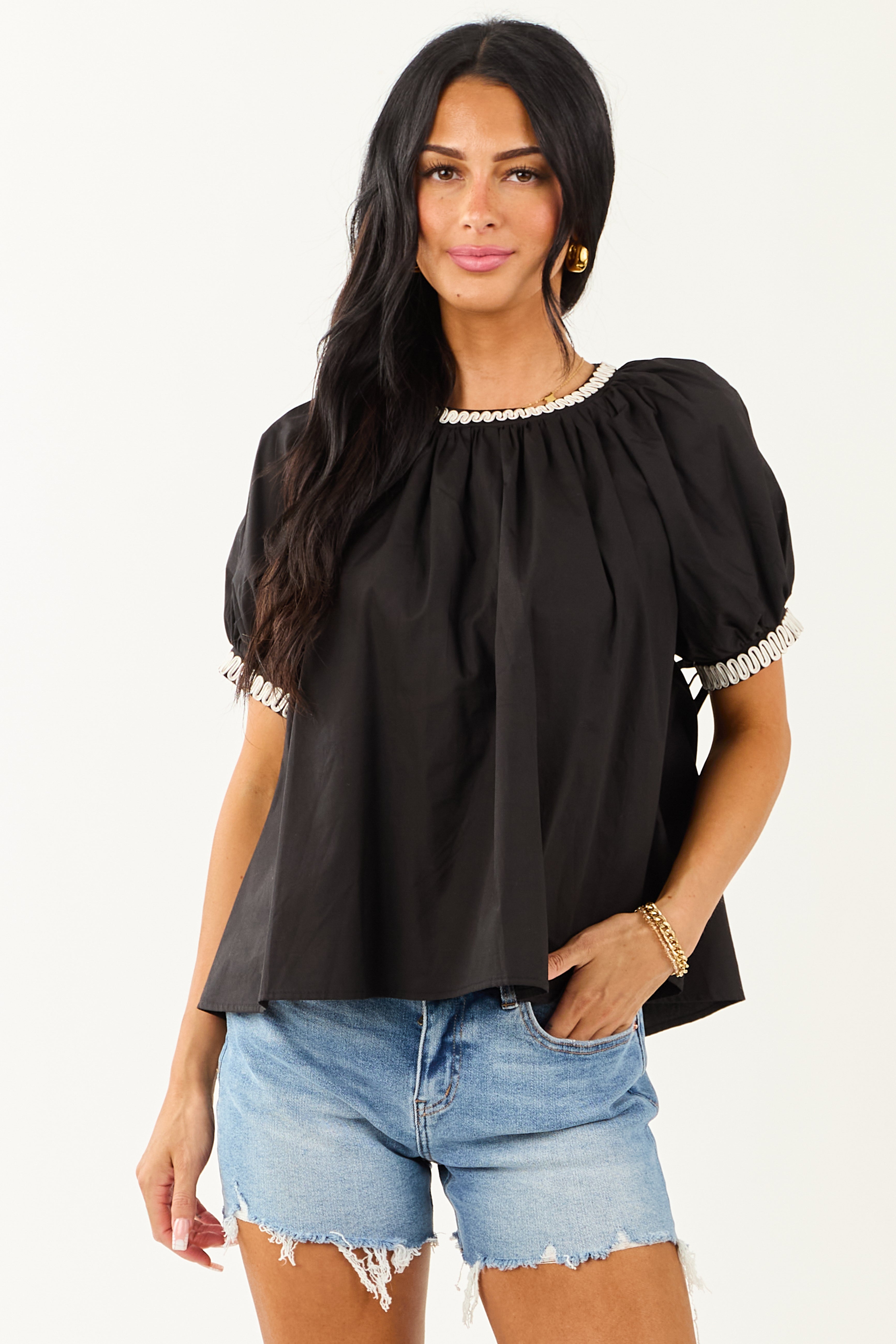 Black Contrast Embroidered Cotton Short Sleeve Top