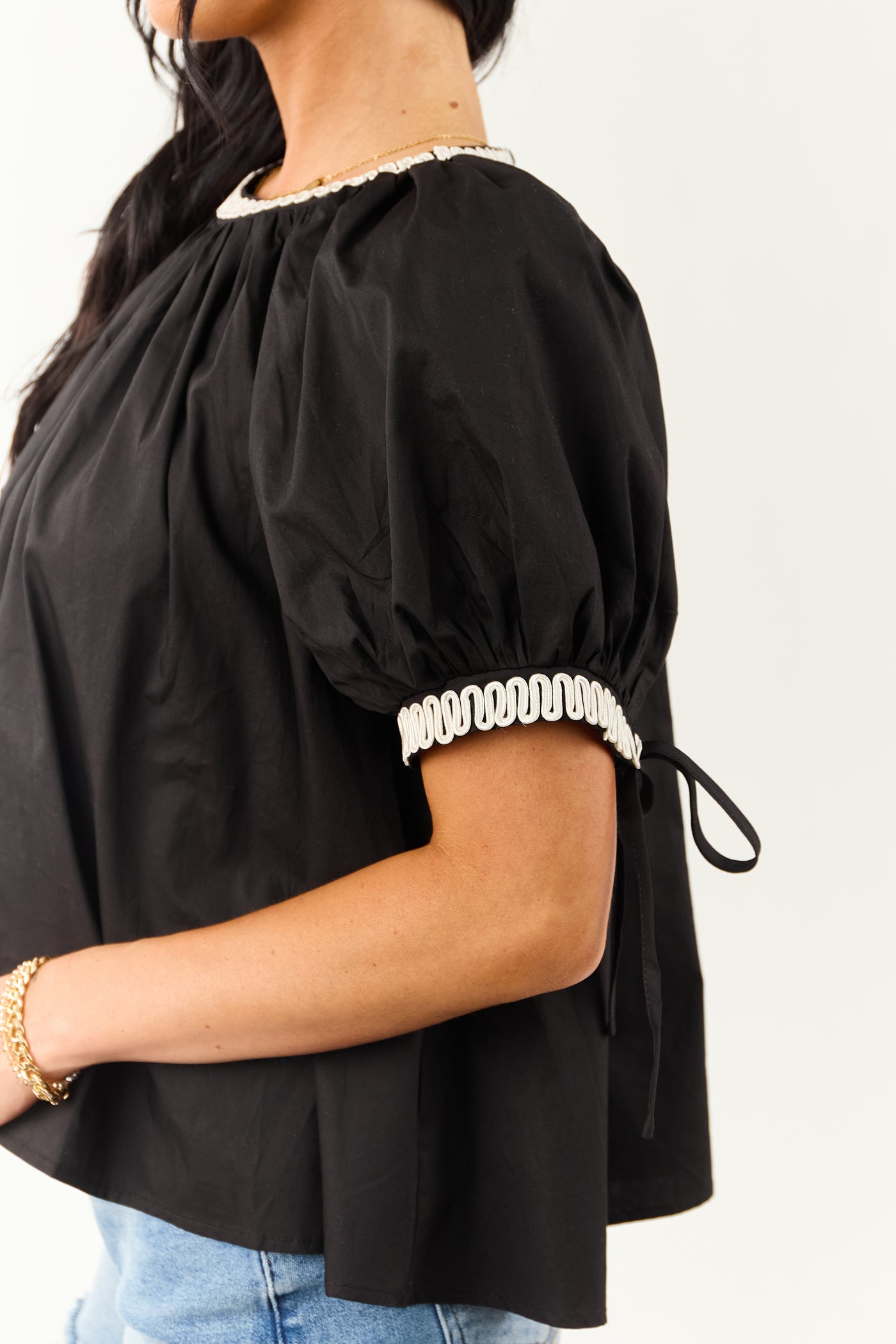Black Contrast Embroidered Cotton Short Sleeve Top