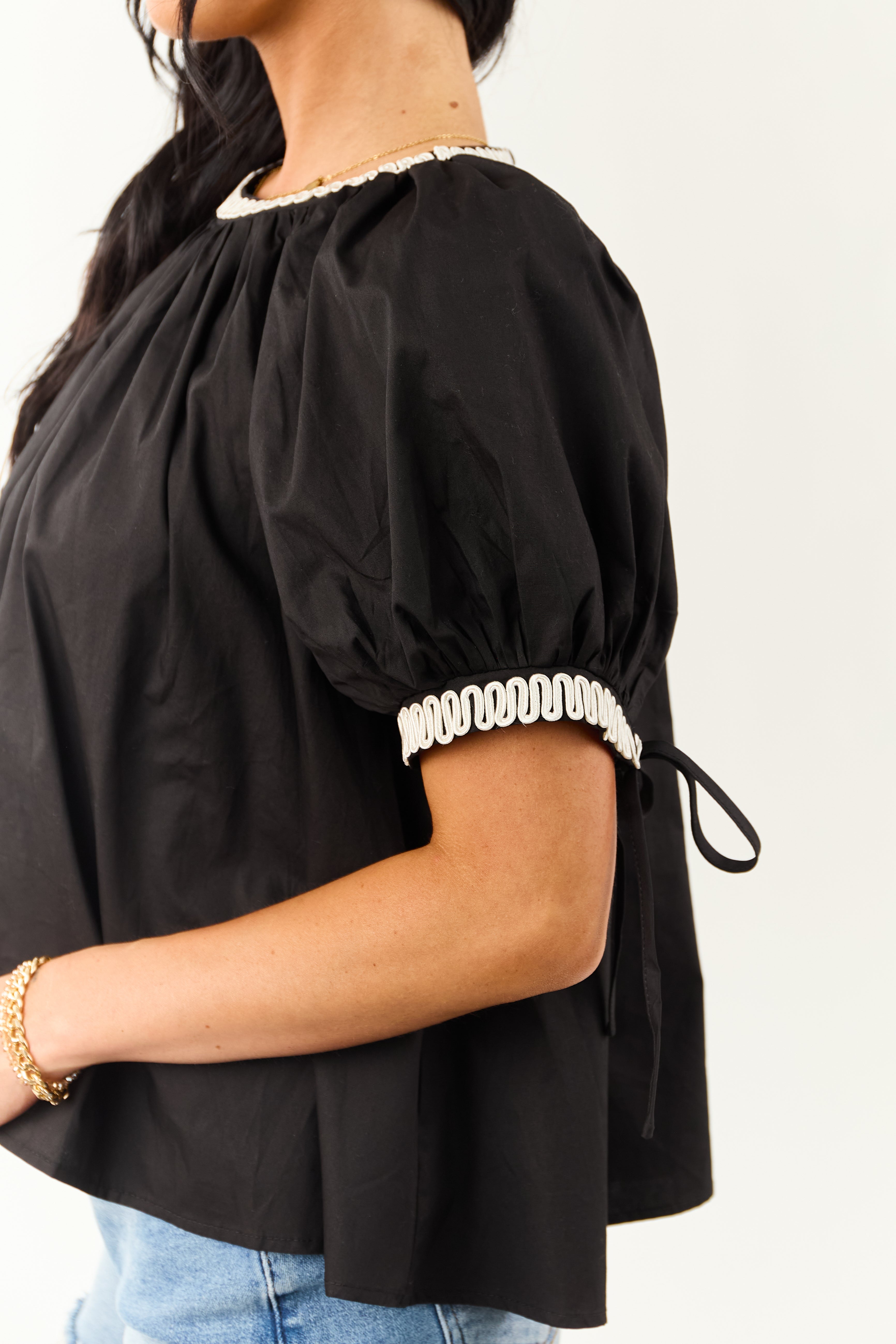 Black Contrast Embroidered Cotton Short Sleeve Top