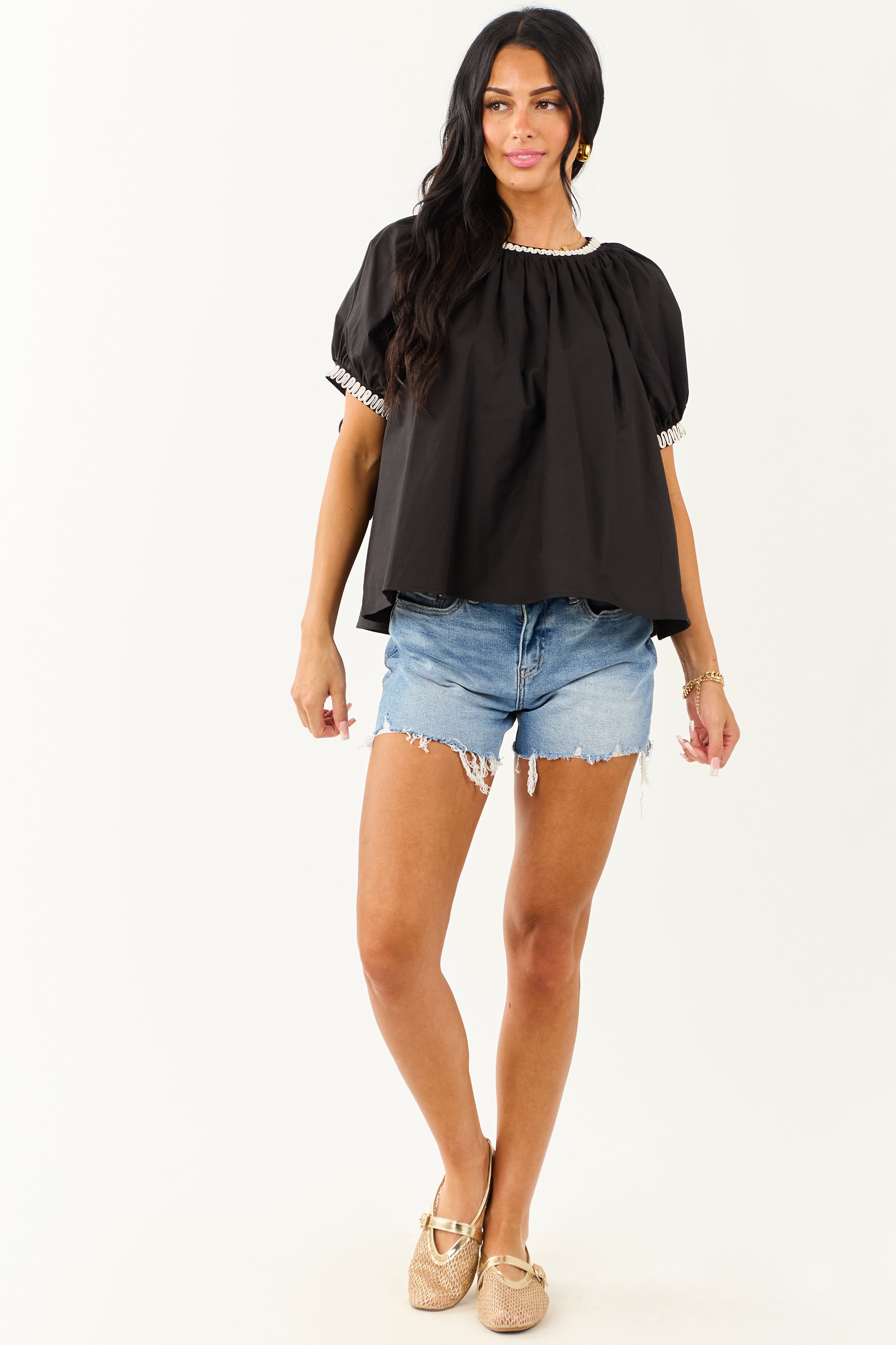 Black Contrast Embroidered Cotton Short Sleeve Top