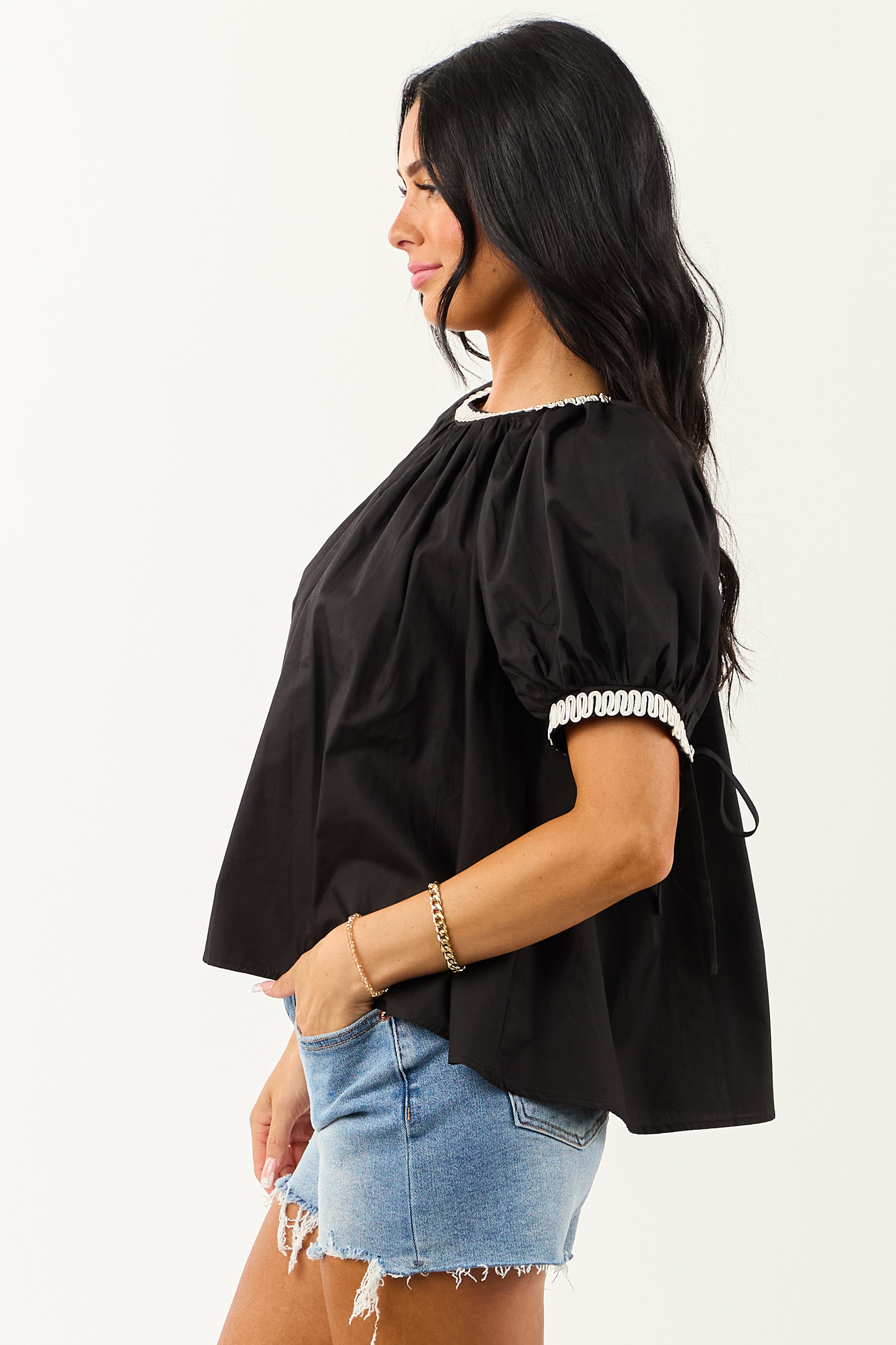 Black Contrast Embroidered Cotton Short Sleeve Top