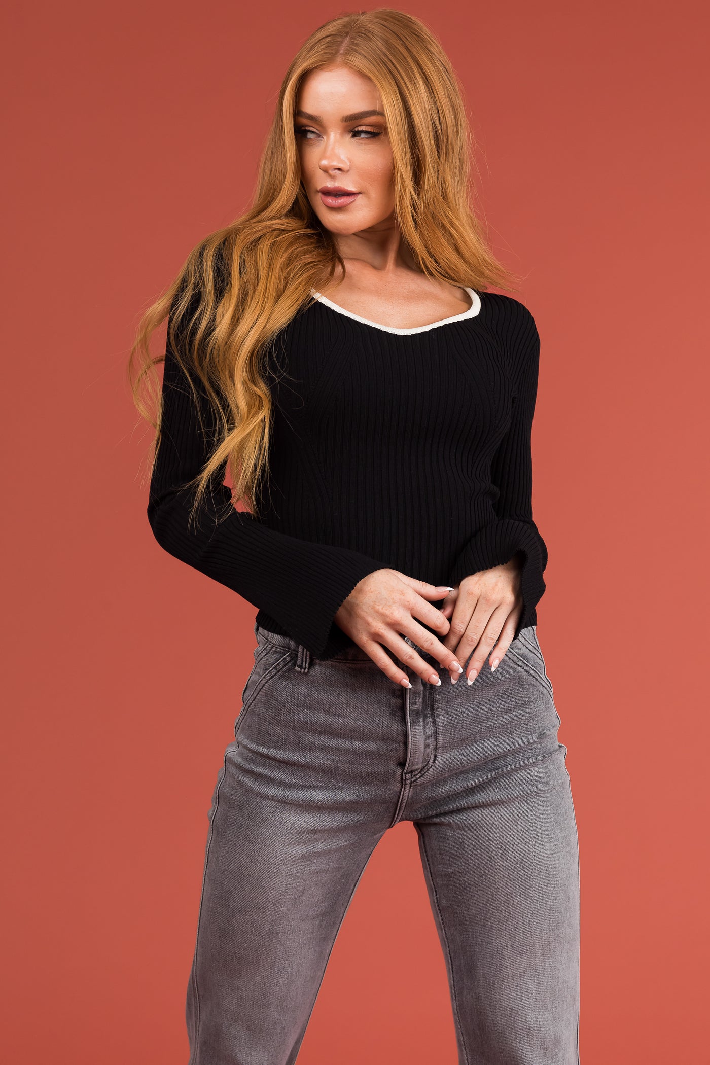Black Contrast Neckline Fitted Ribbed Knit Top