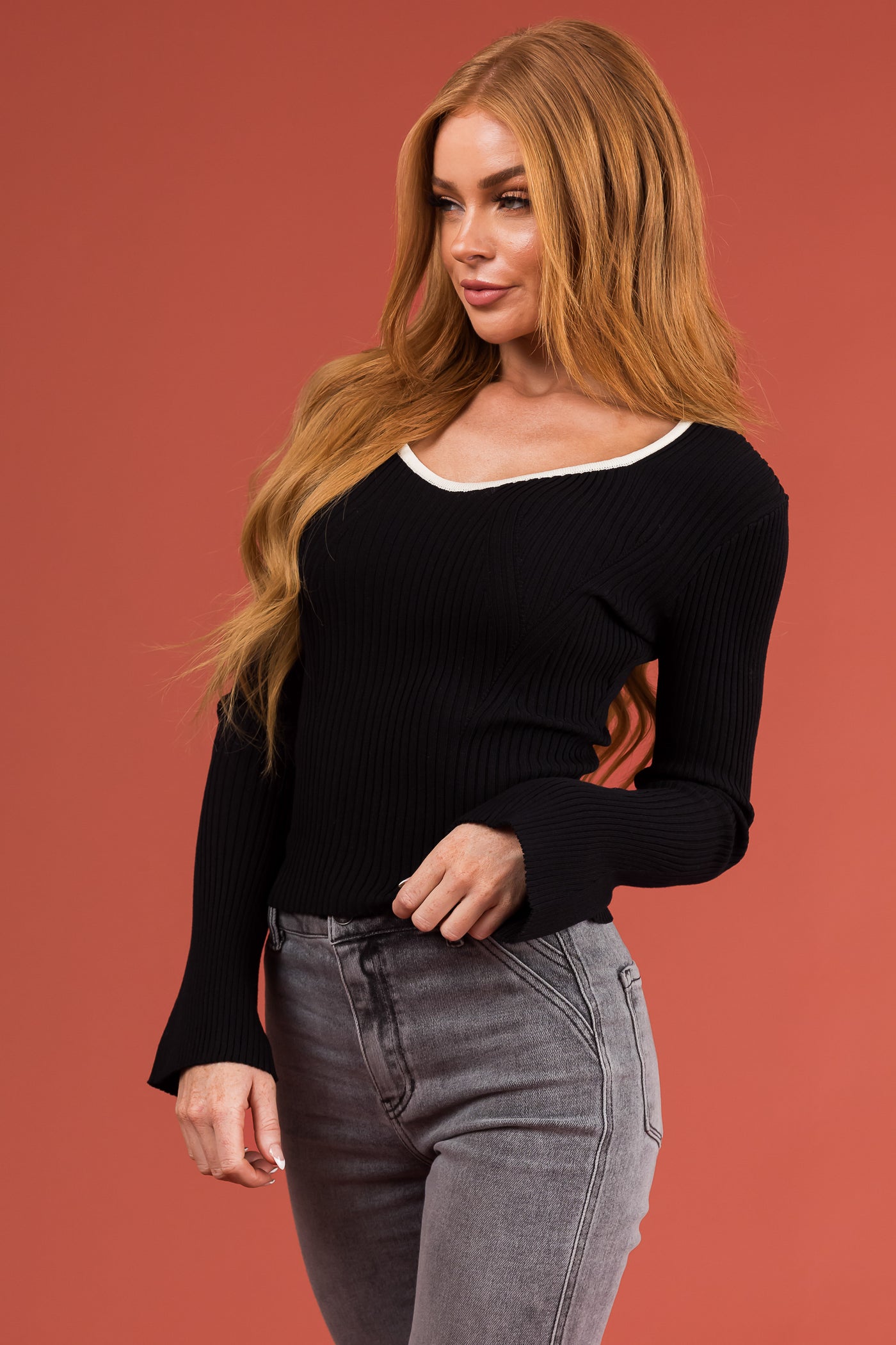 Black Contrast Neckline Fitted Ribbed Knit Top