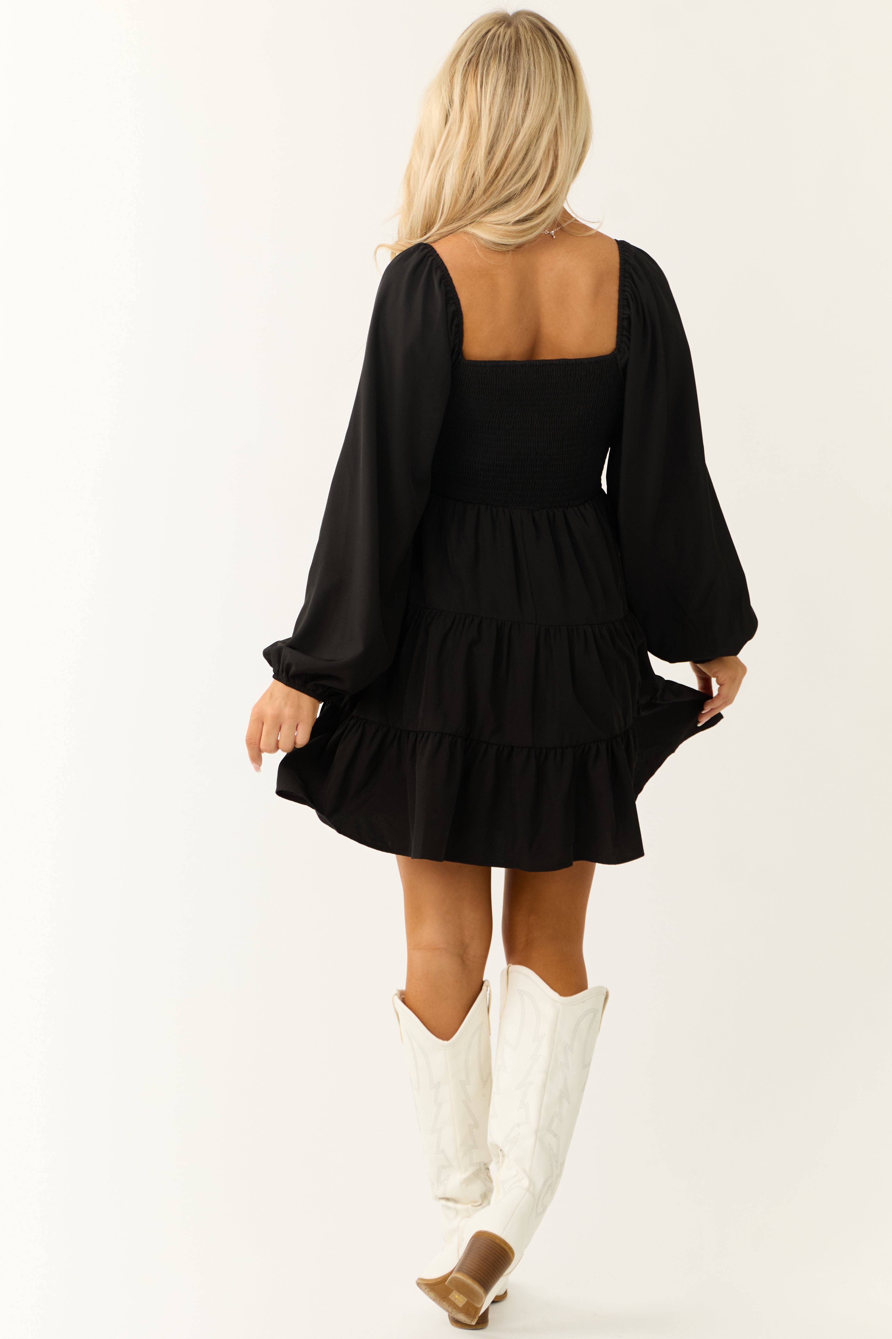 smocked mini dress black Alani Smocked Ruffle Bodycon Mini Dress Shop American Threads Online Black / L