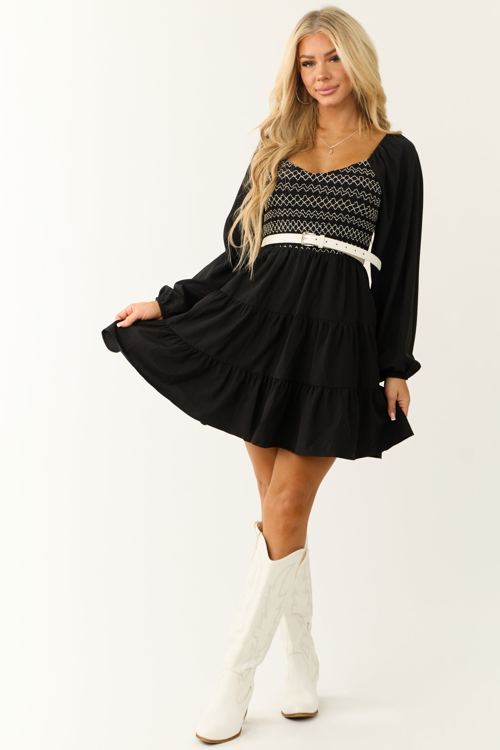 Black Contrast Smocked Long Sleeve Mini Dress - S Black Contrast Smocked Long Sleeve Mini Dress - S