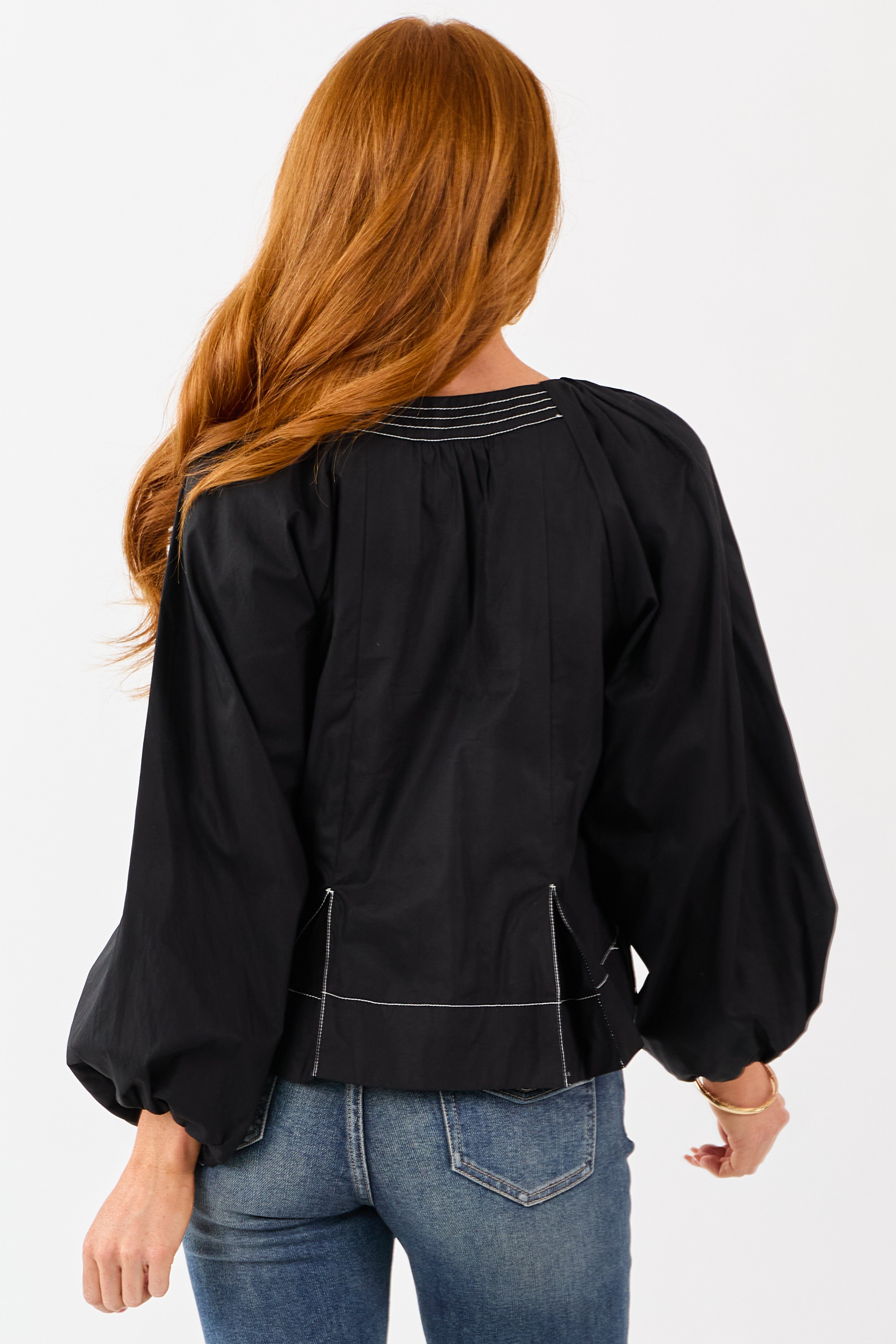Black Contrast Stitch Keyhole Pleated Cotton Top