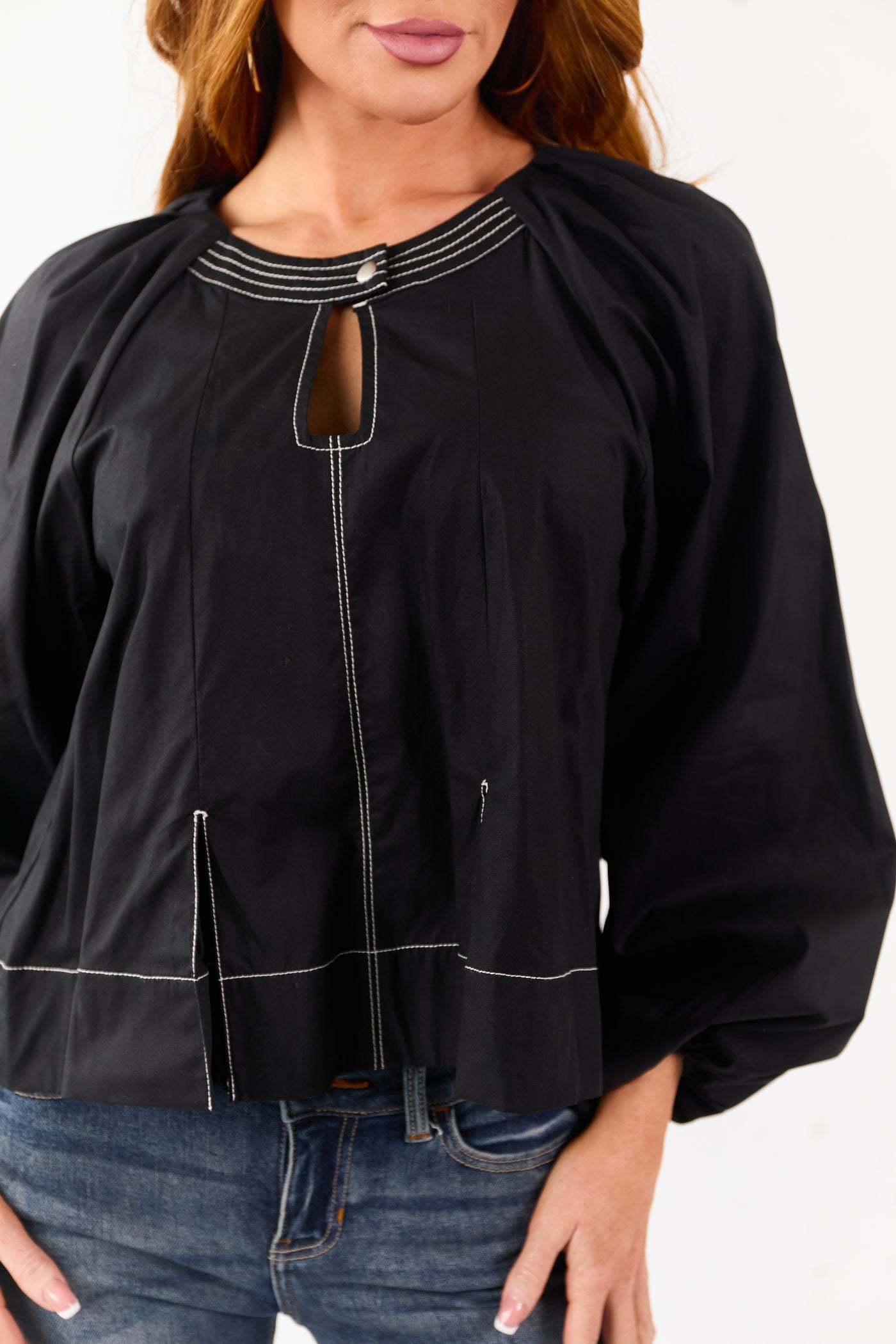 Black Contrast Stitch Keyhole Pleated Cotton Top