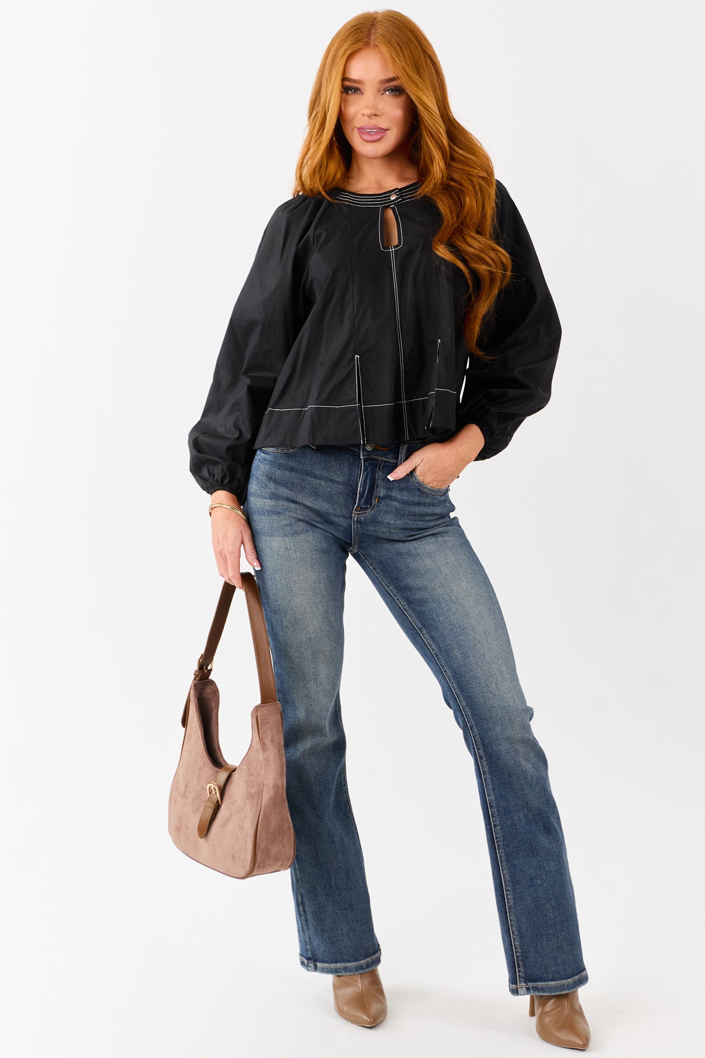 Black Contrast Stitch Keyhole Pleated Cotton Top