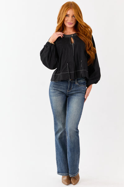 Black Contrast Stitch Keyhole Pleated Cotton Top