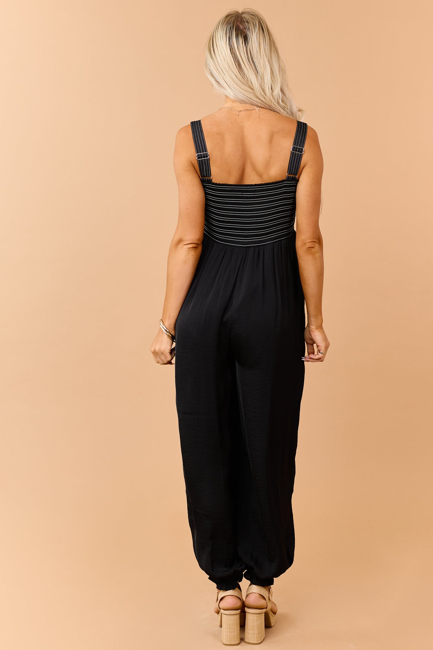 Black Contrast Stitch Smocked Bodice Jumpsuit