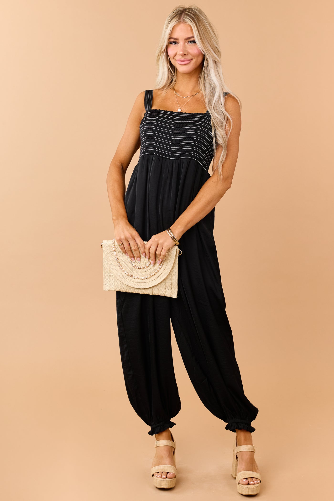 Black Contrast Stitch Smocked Bodice Jumpsuit