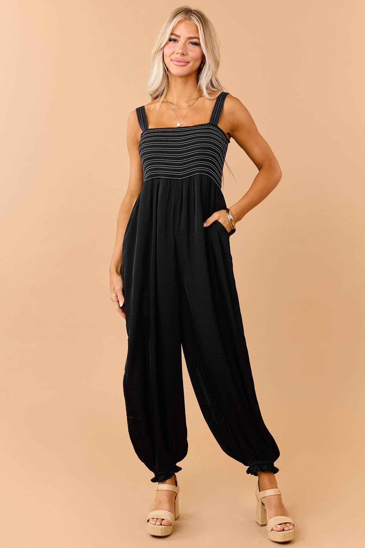 Black Contrast Stitch Smocked Bodice Jumpsuit