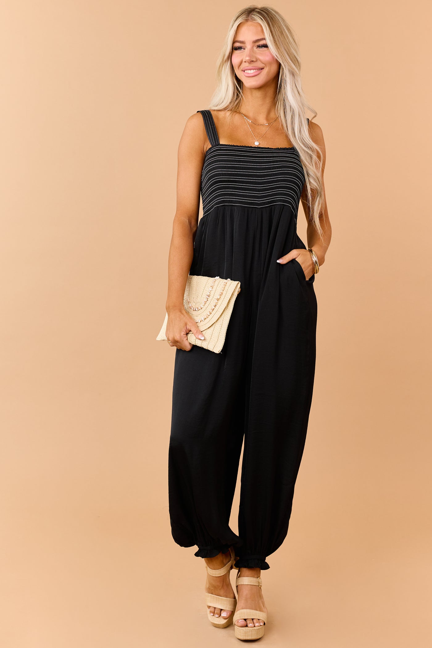 Black Contrast Stitch Smocked Bodice Jumpsuit