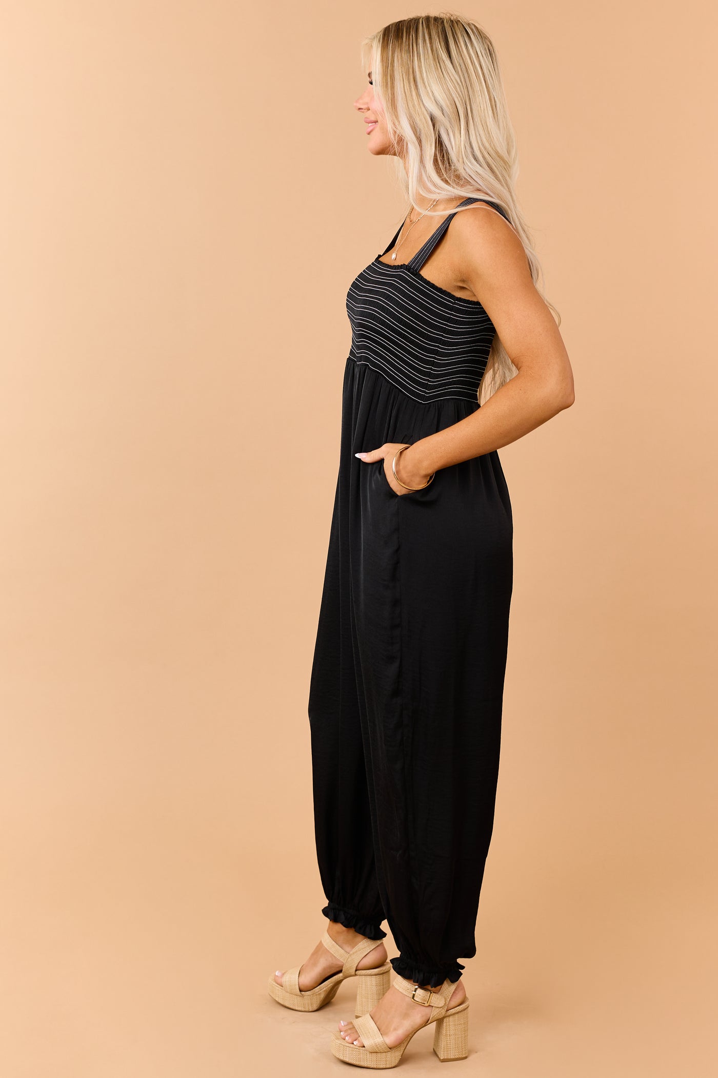 Black Contrast Stitch Smocked Bodice Jumpsuit