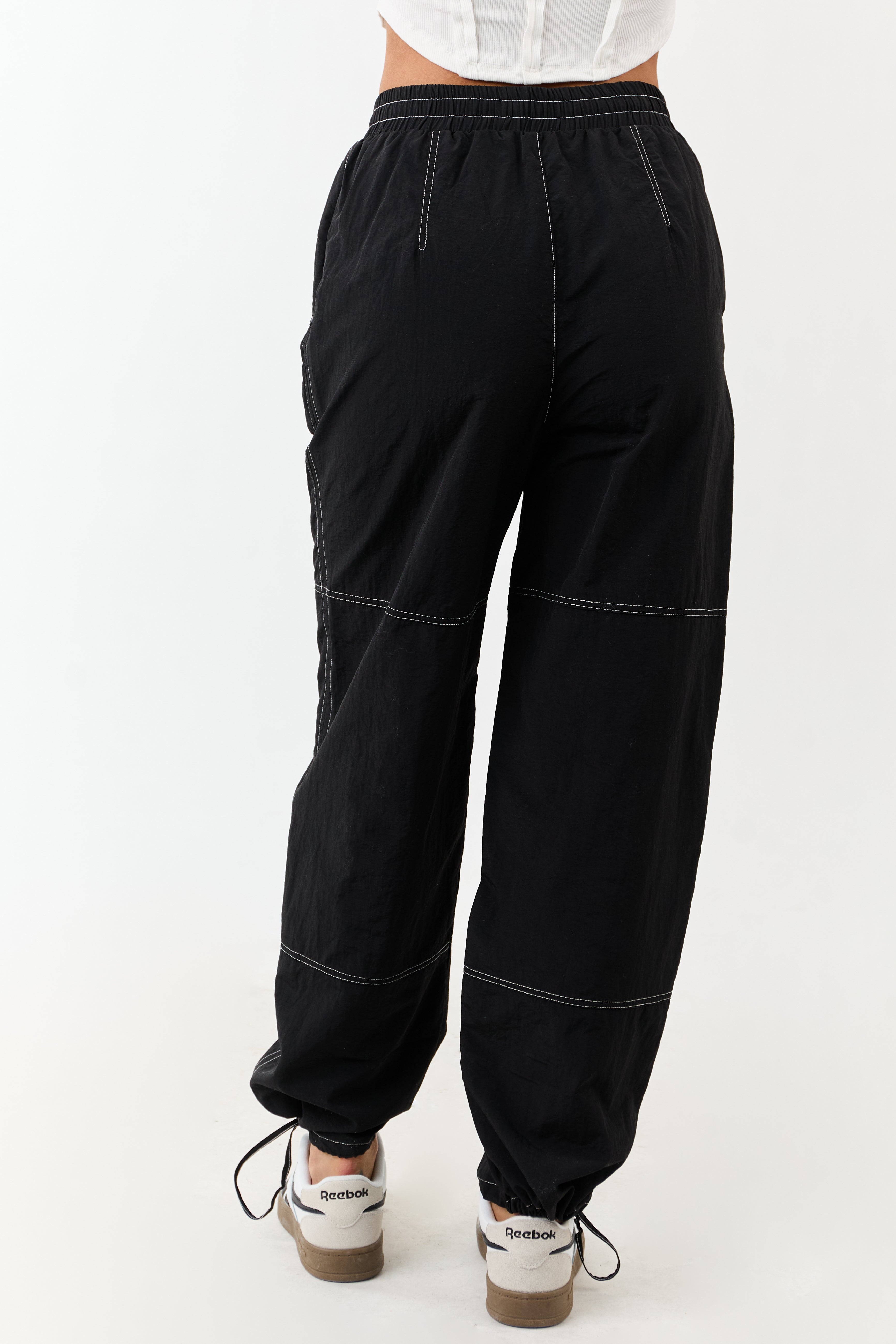 Black Contrast Stitch Wide Leg Drawstring Pants