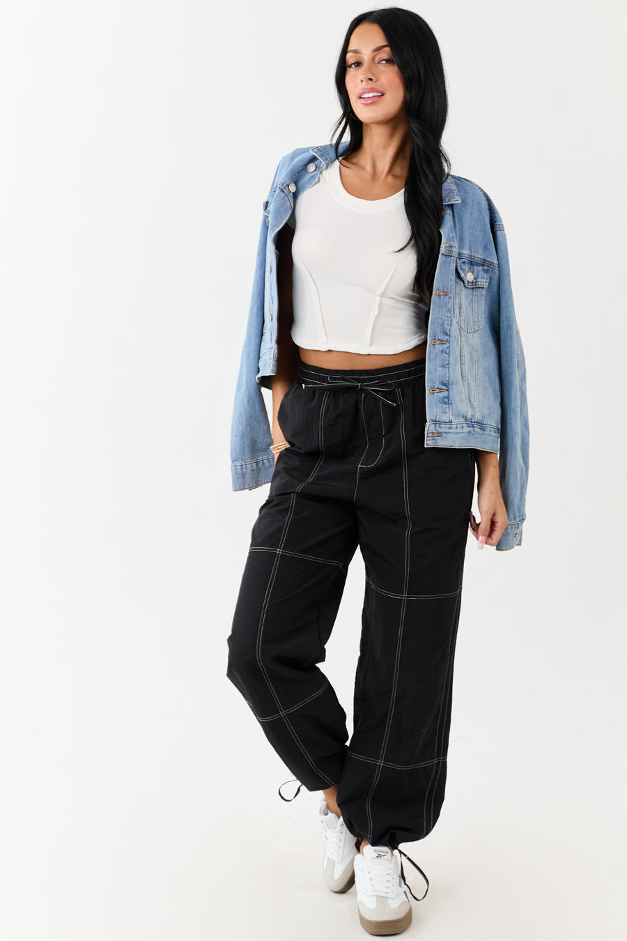 Black Contrast Stitch Wide Leg Drawstring Pants