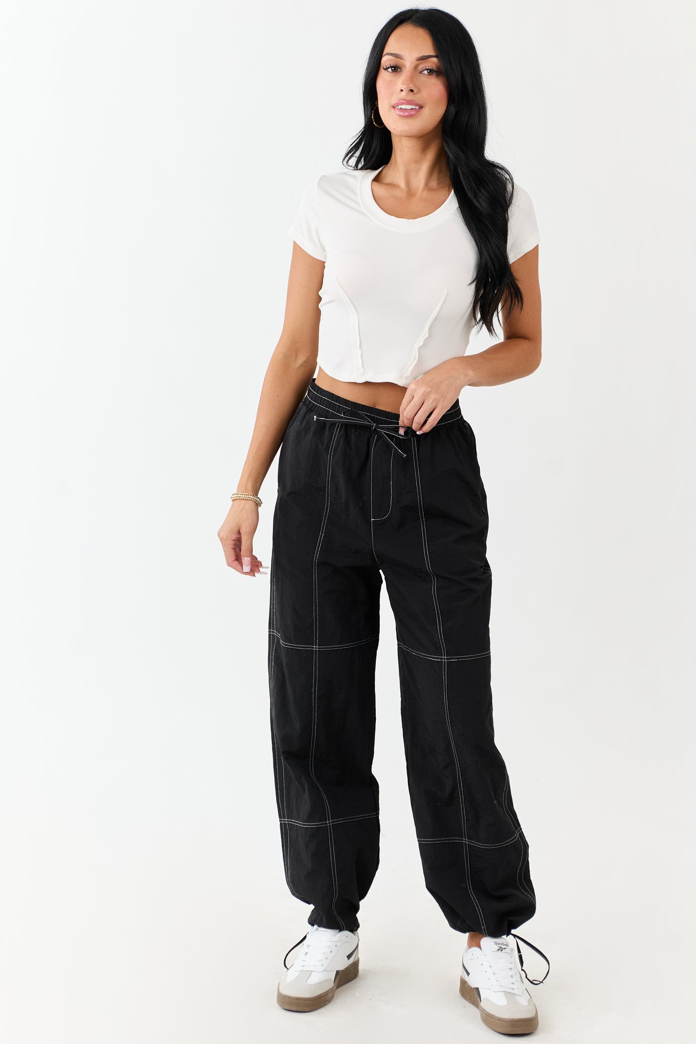 Black Contrast Stitch Wide Leg Drawstring Pants