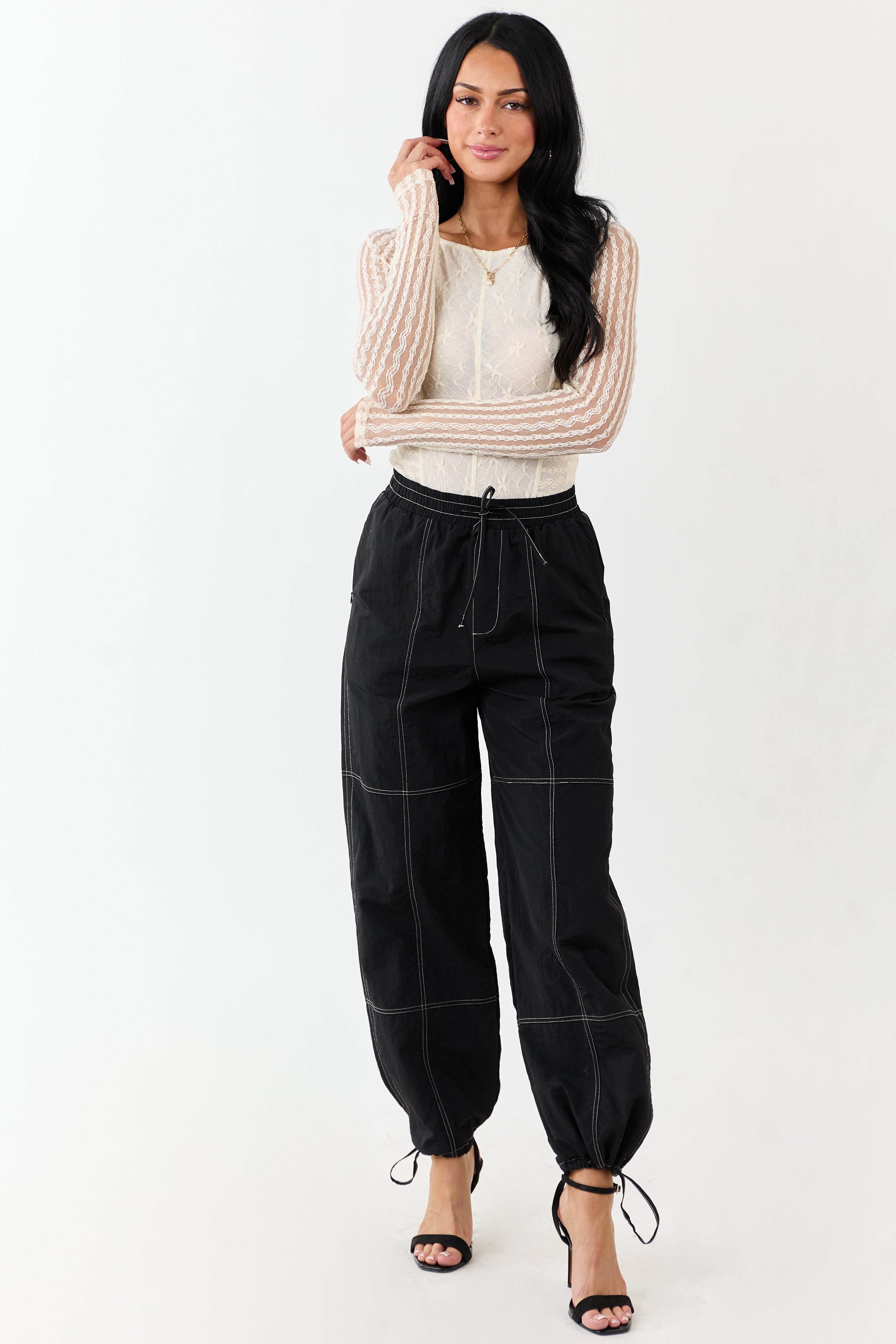 Black Contrast Stitch Wide Leg Drawstring Pants
