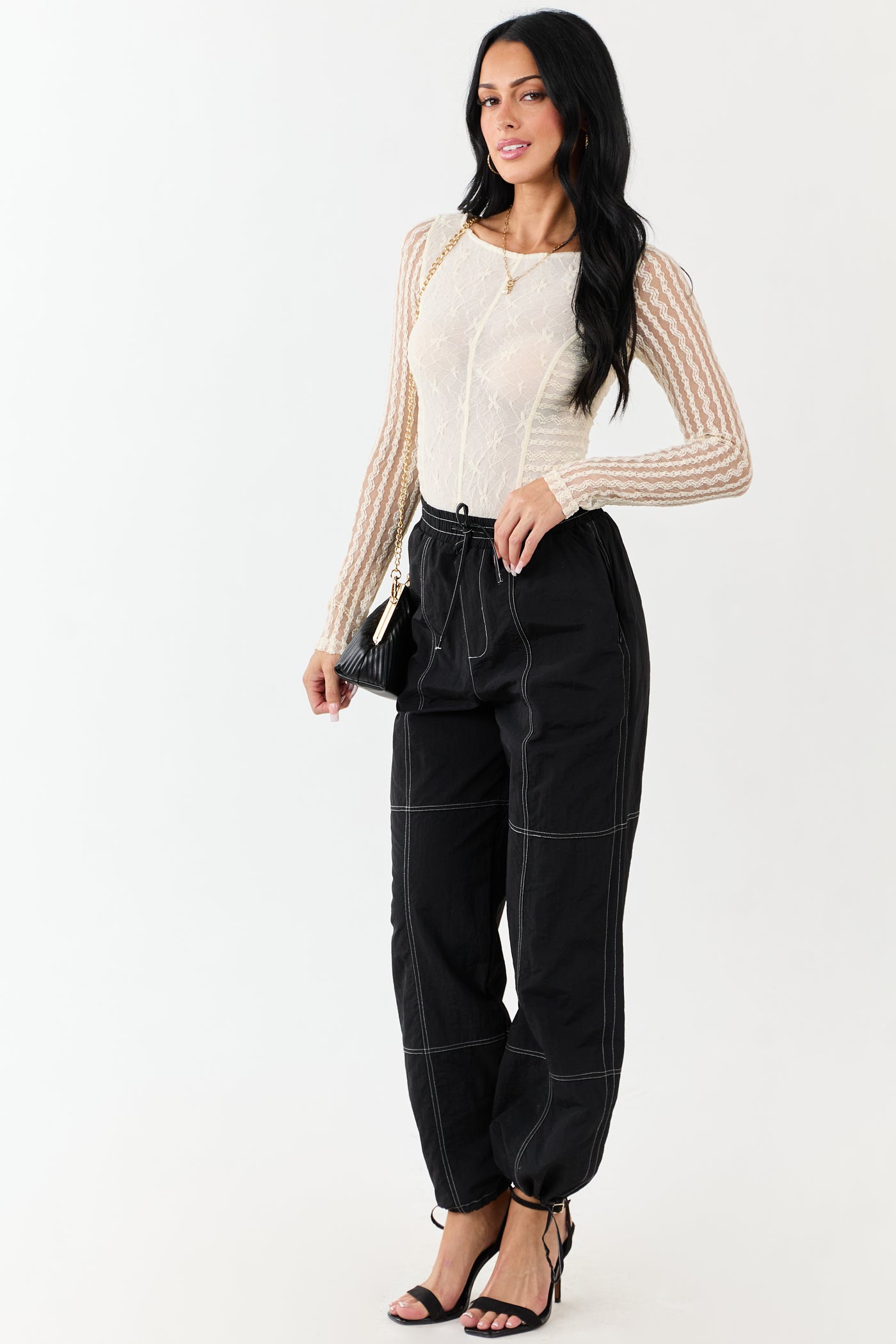 Black Contrast Stitch Wide Leg Drawstring Pants