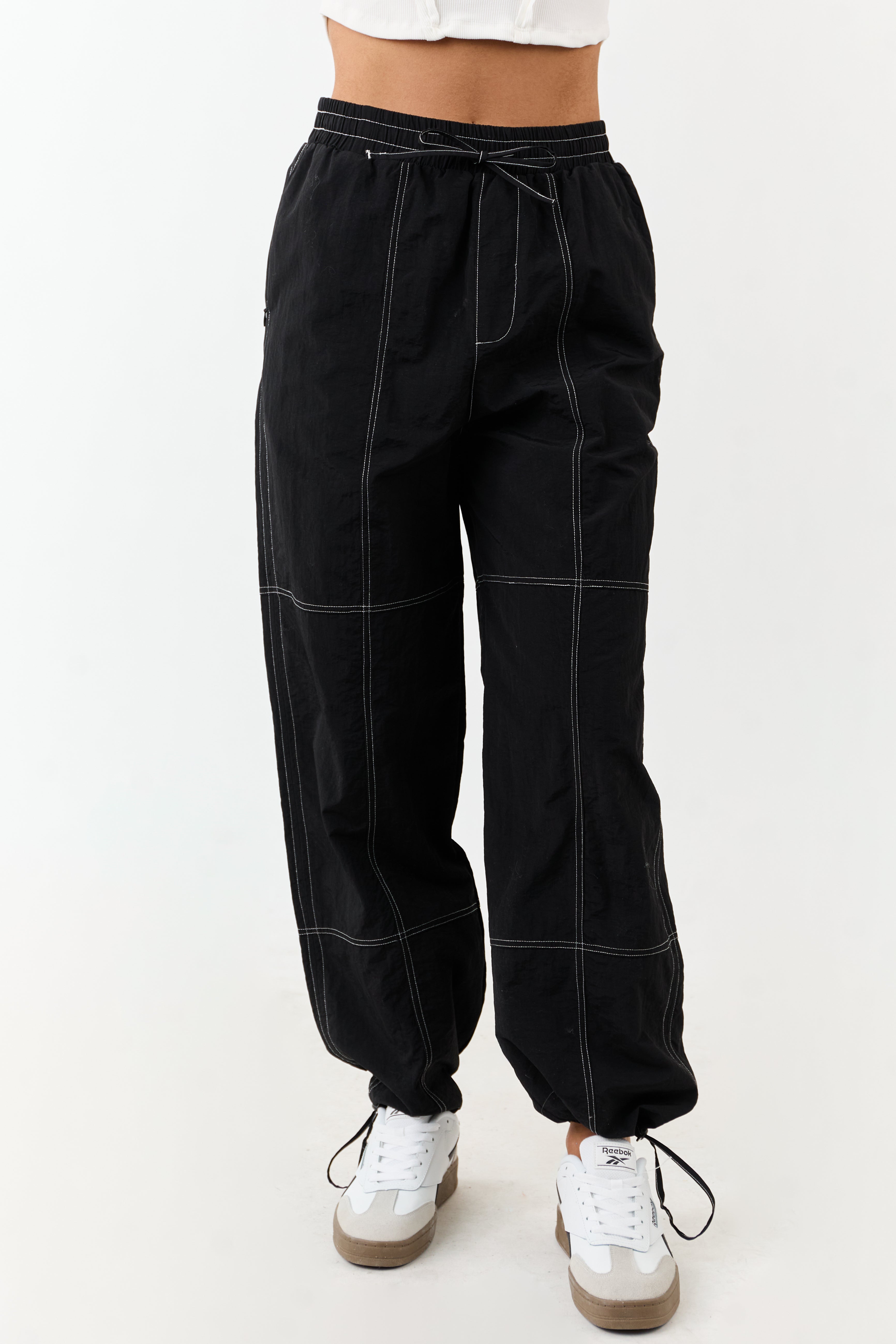 Black Contrast Stitch Wide Leg Drawstring Pants | Lime Lush Boutique