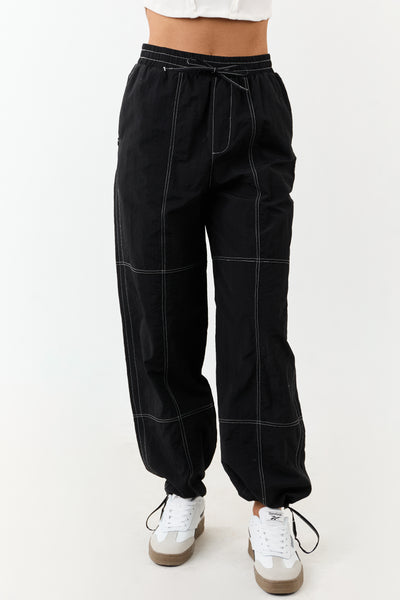 Black Contrast Stitch Wide Leg Drawstring Pants