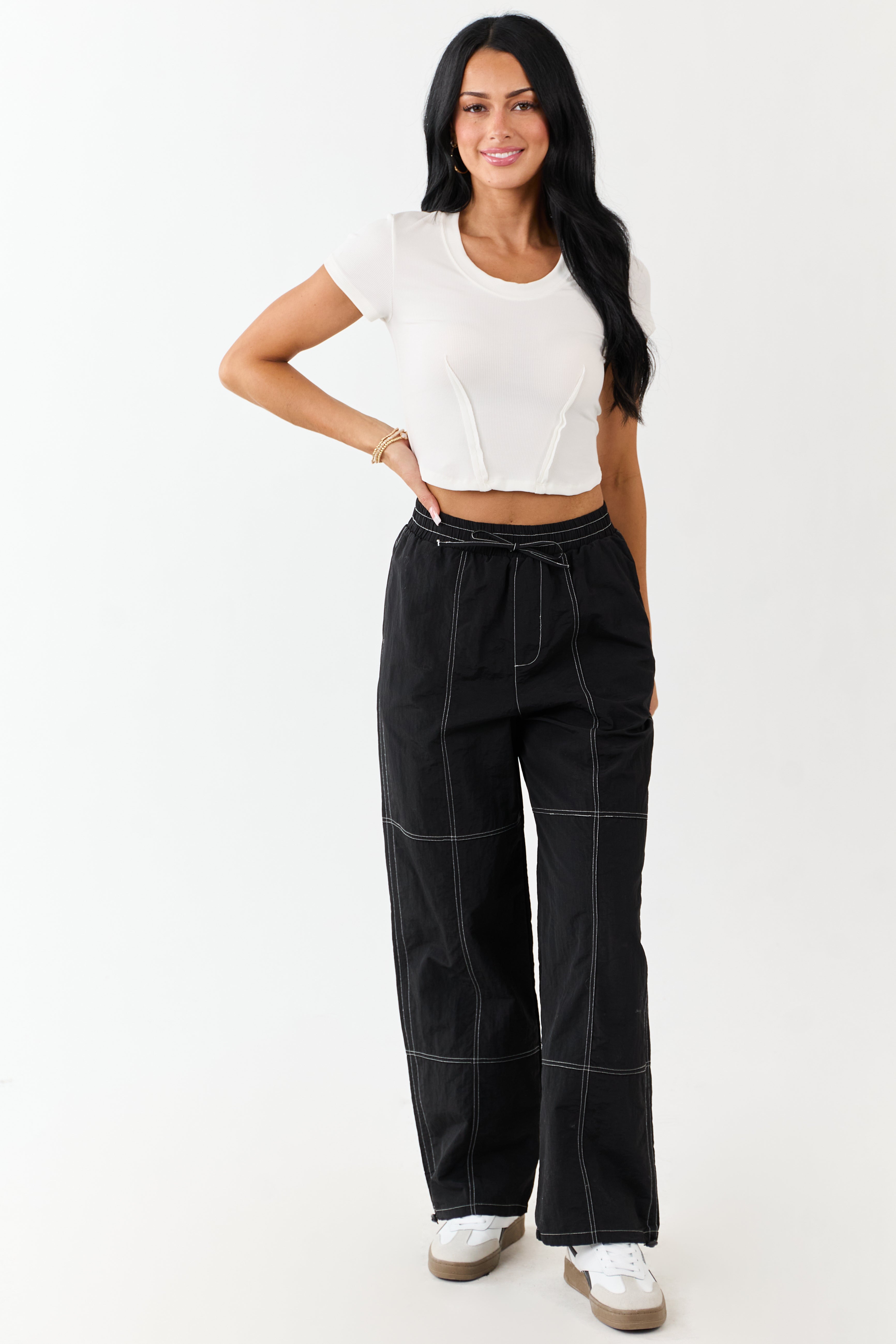 Black Contrast Stitch Wide Leg Drawstring Pants | Lime Lush Boutique