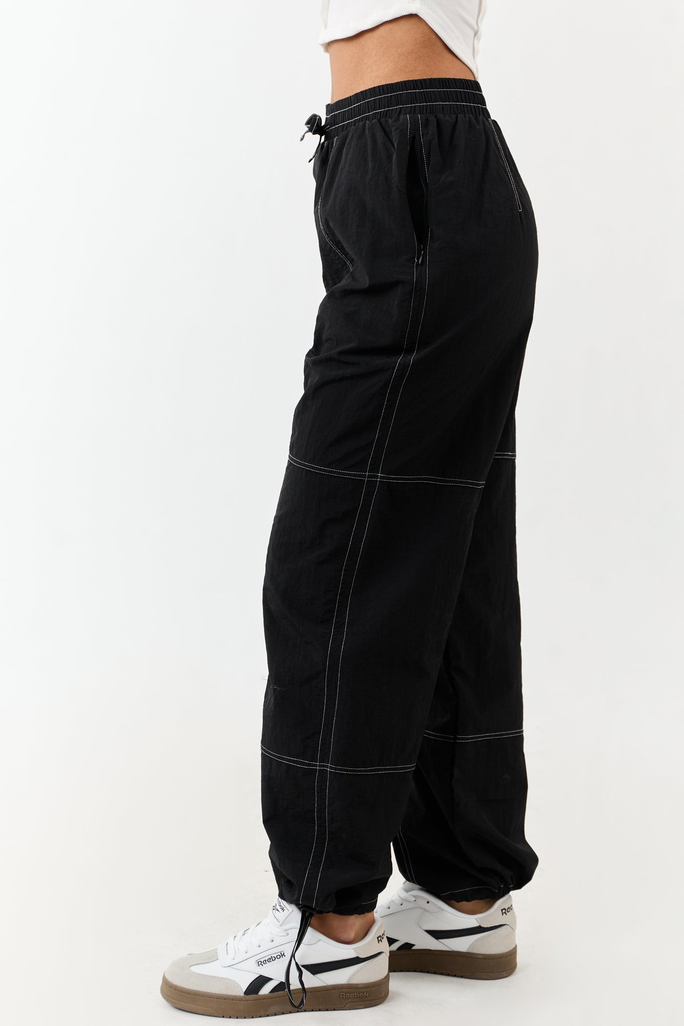 Black Contrast Stitch Wide Leg Drawstring Pants