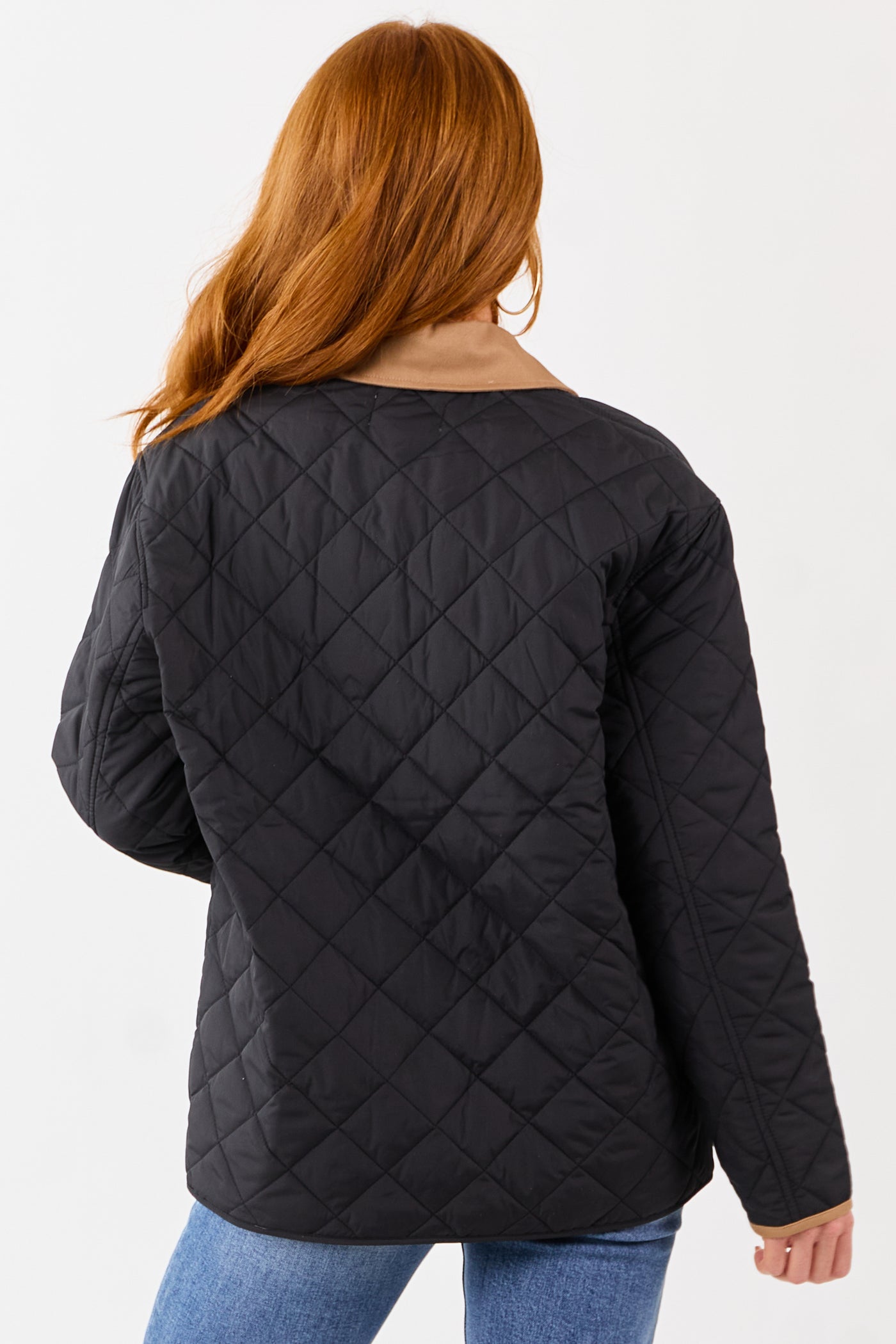 Black Contrast Trim Button Up Quilted Puffer Jacket