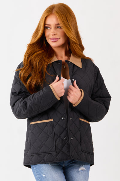 Black Contrast Trim Button Up Quilted Puffer Jacket