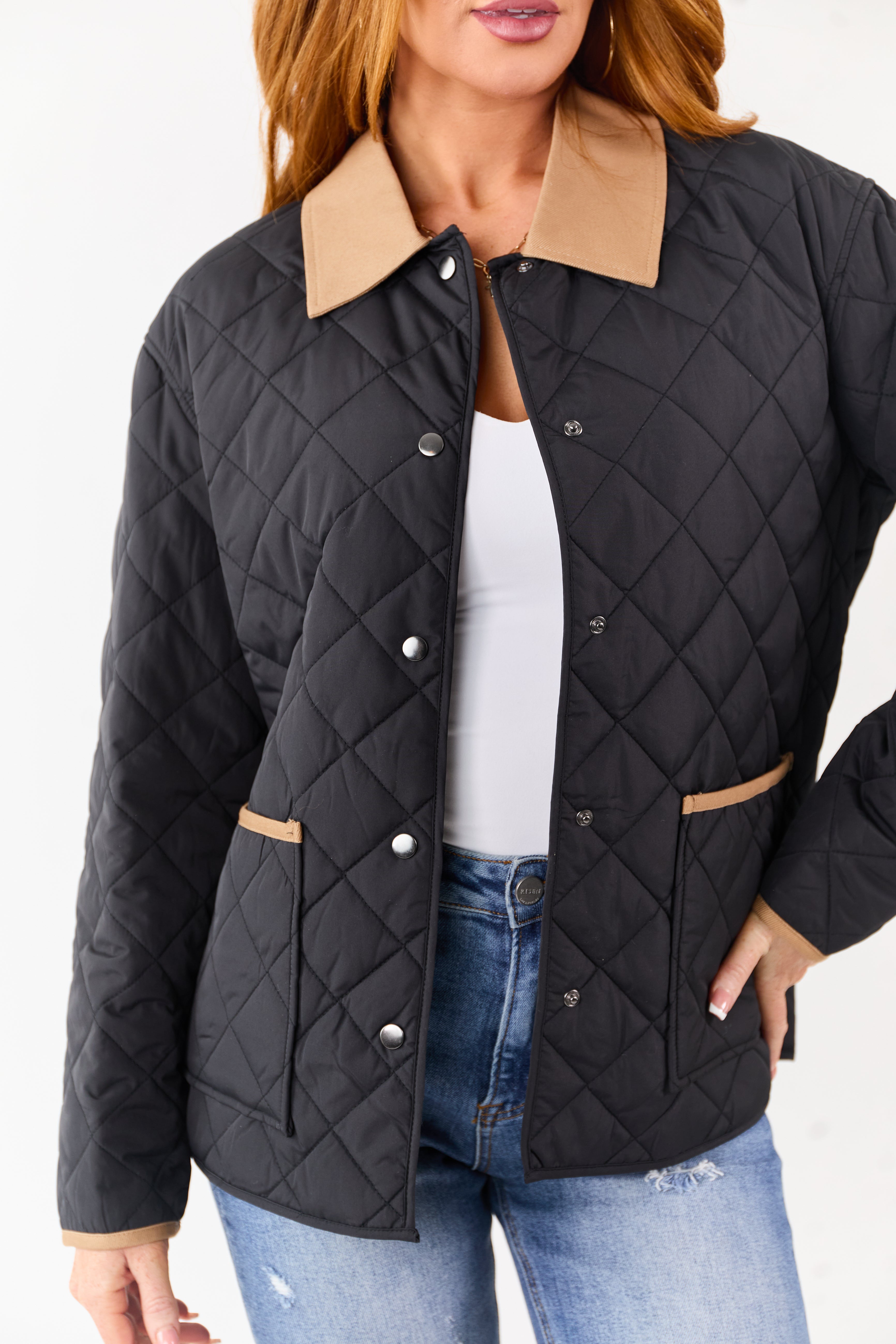 Black Contrast Trim Button Up Quilted Puffer Jacket