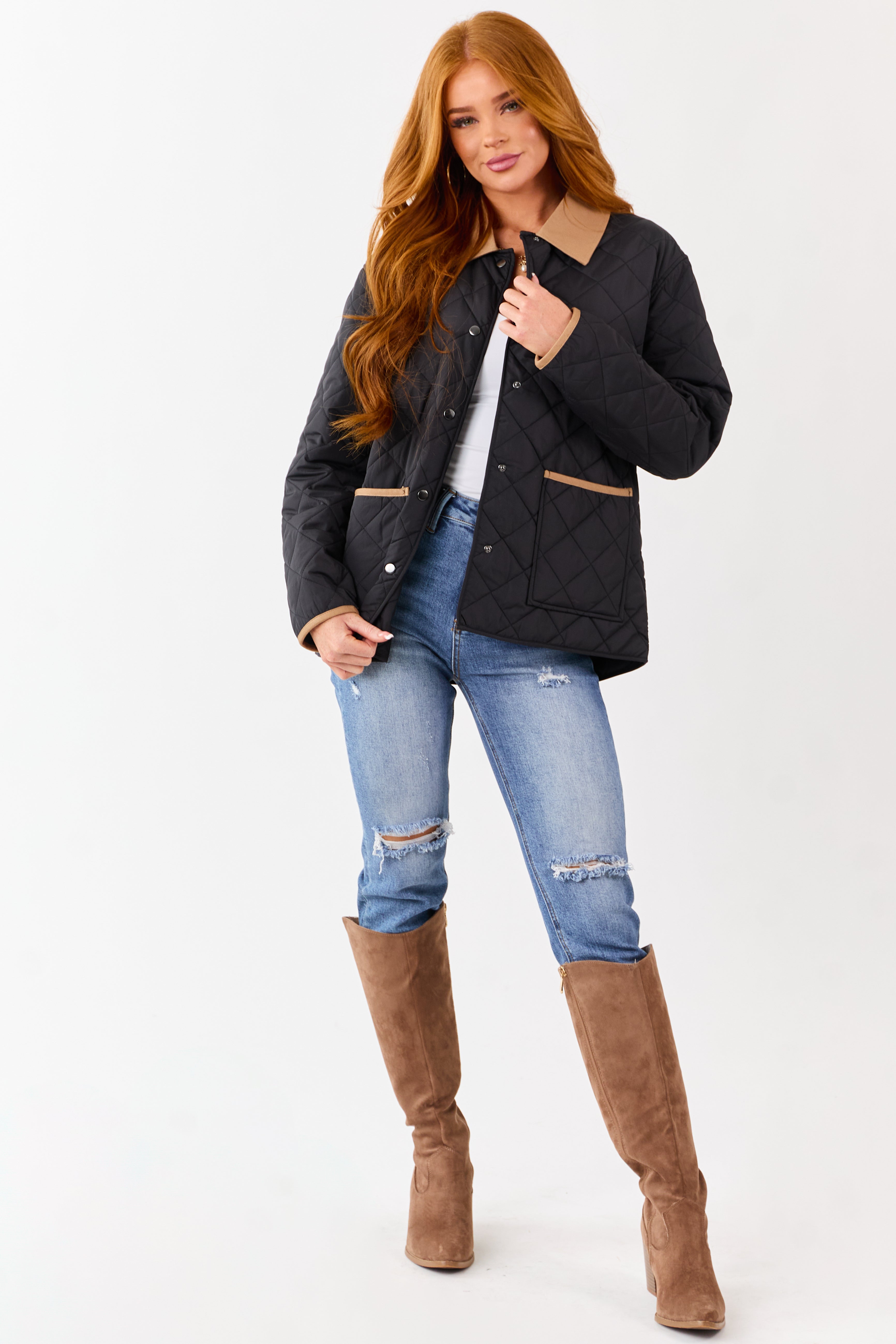 Black Contrast Trim Button Up Quilted Puffer Jacket