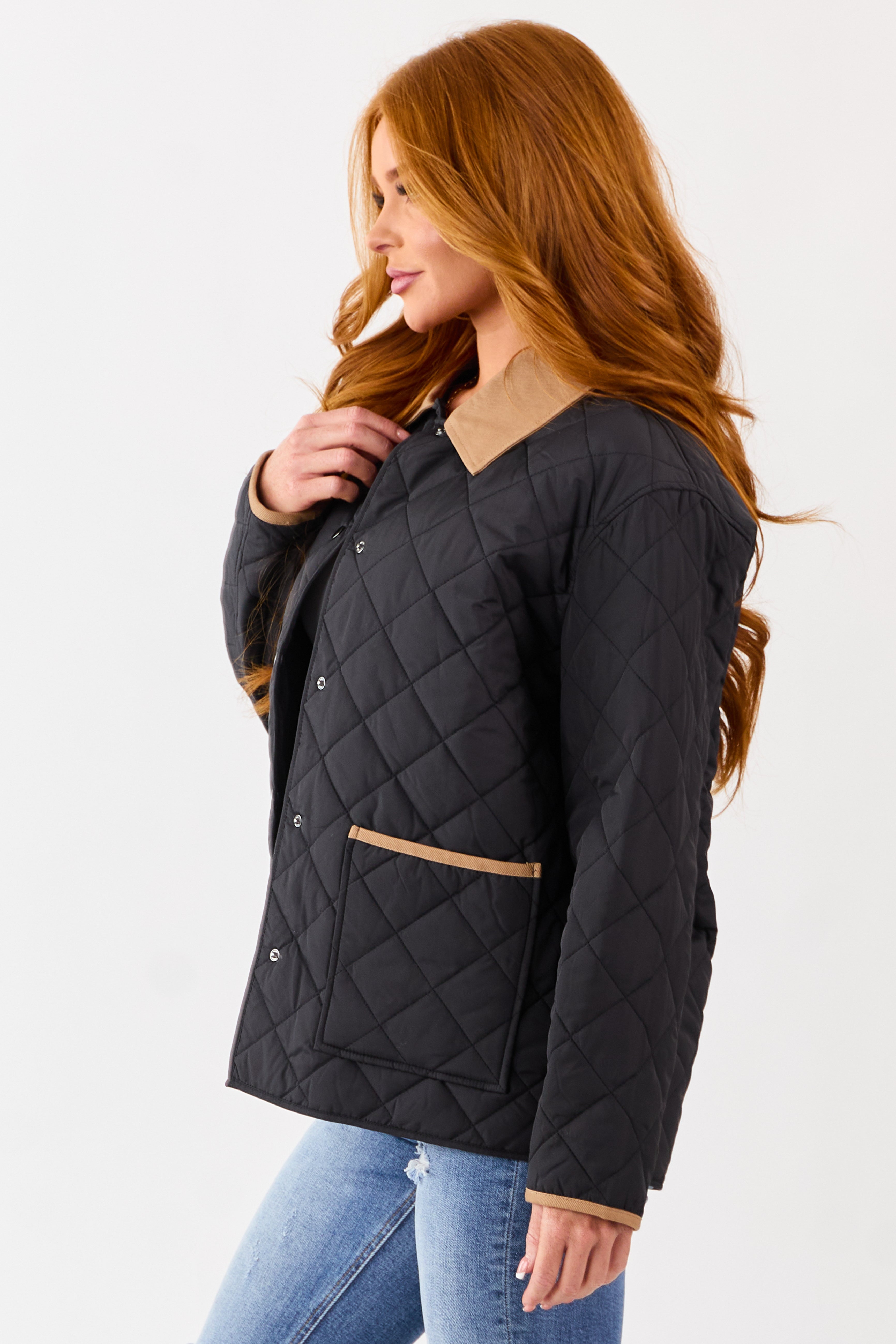 Black Contrast Trim Button Up Quilted Puffer Jacket