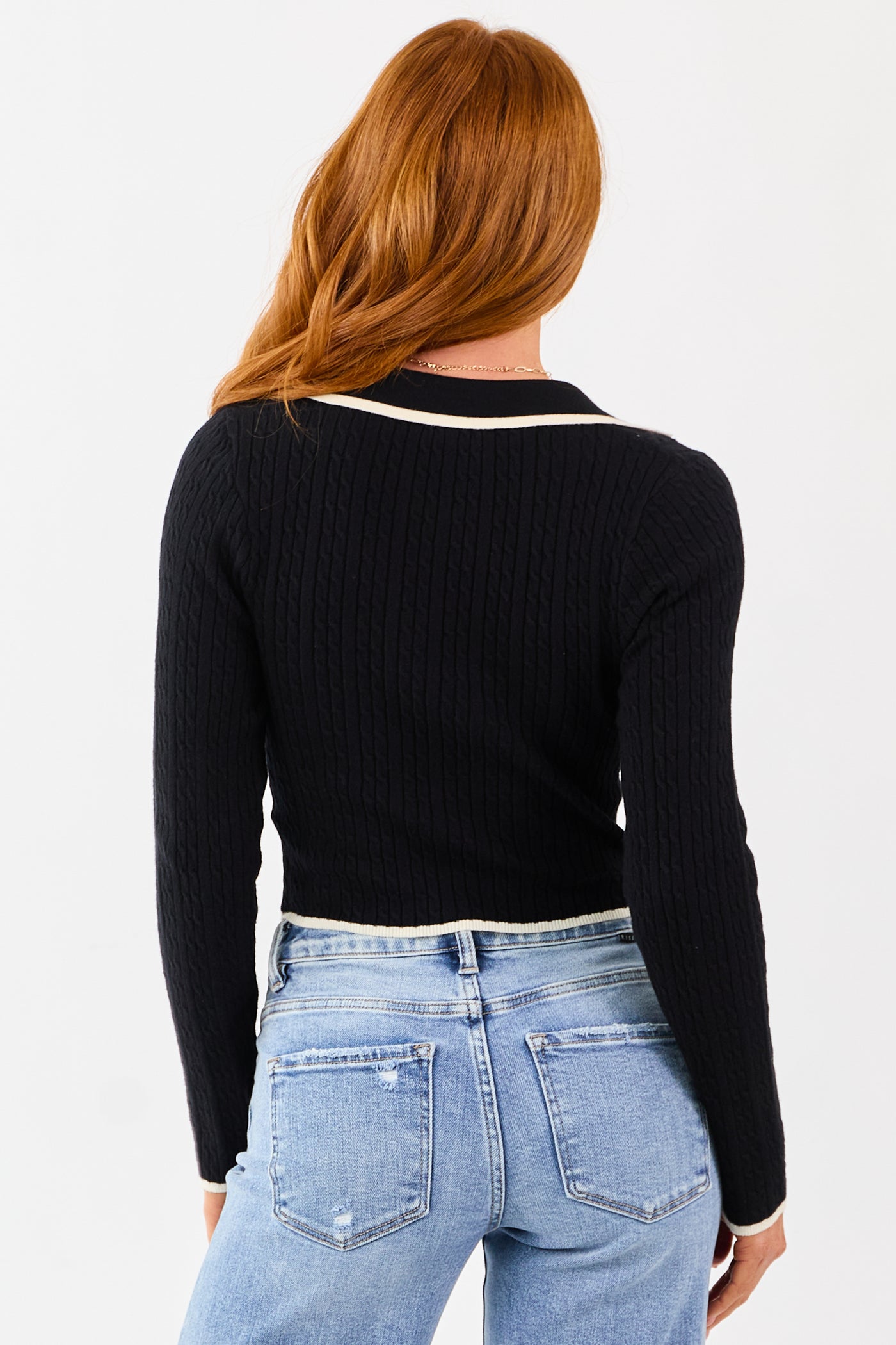 Black Contrast Trim Collared Knit Sweater Top
