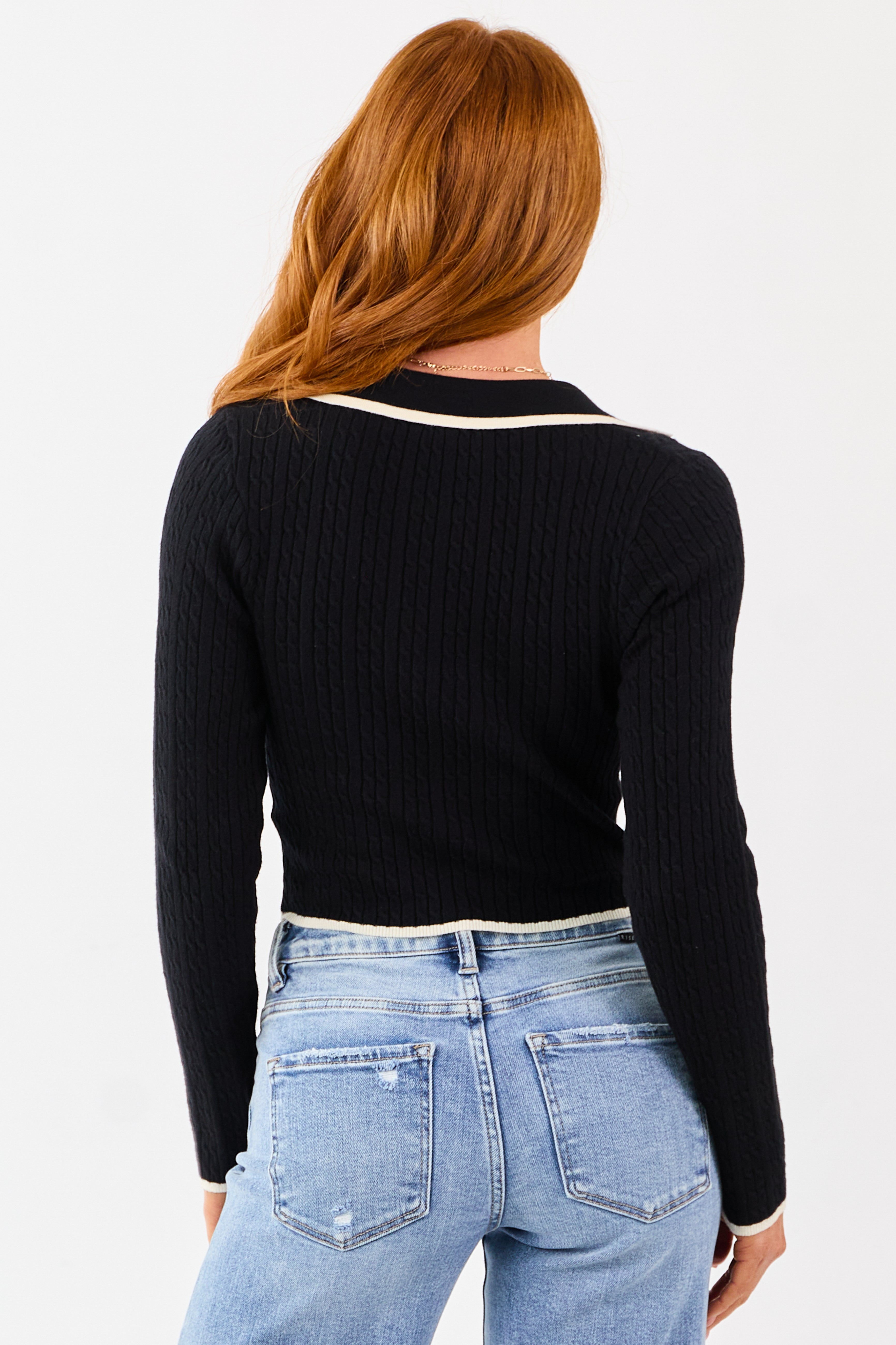 Black Contrast Trim Collared Knit Sweater Top