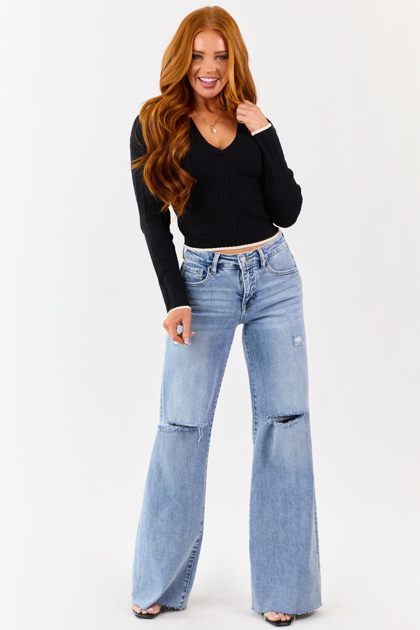 Black Contrast Trim Collared Knit Sweater Top