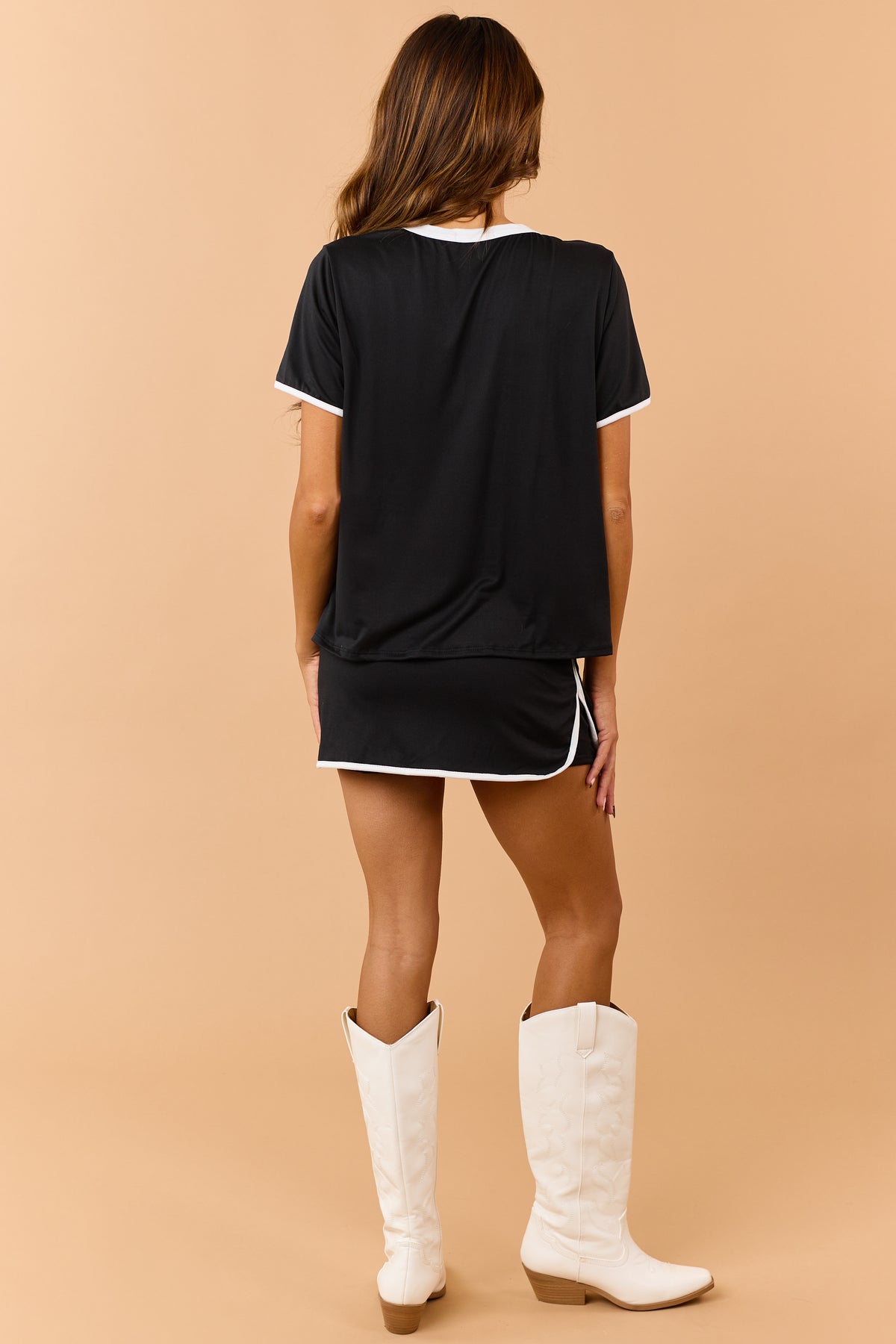 Black Contrast Trim Knit Top and Skort Set