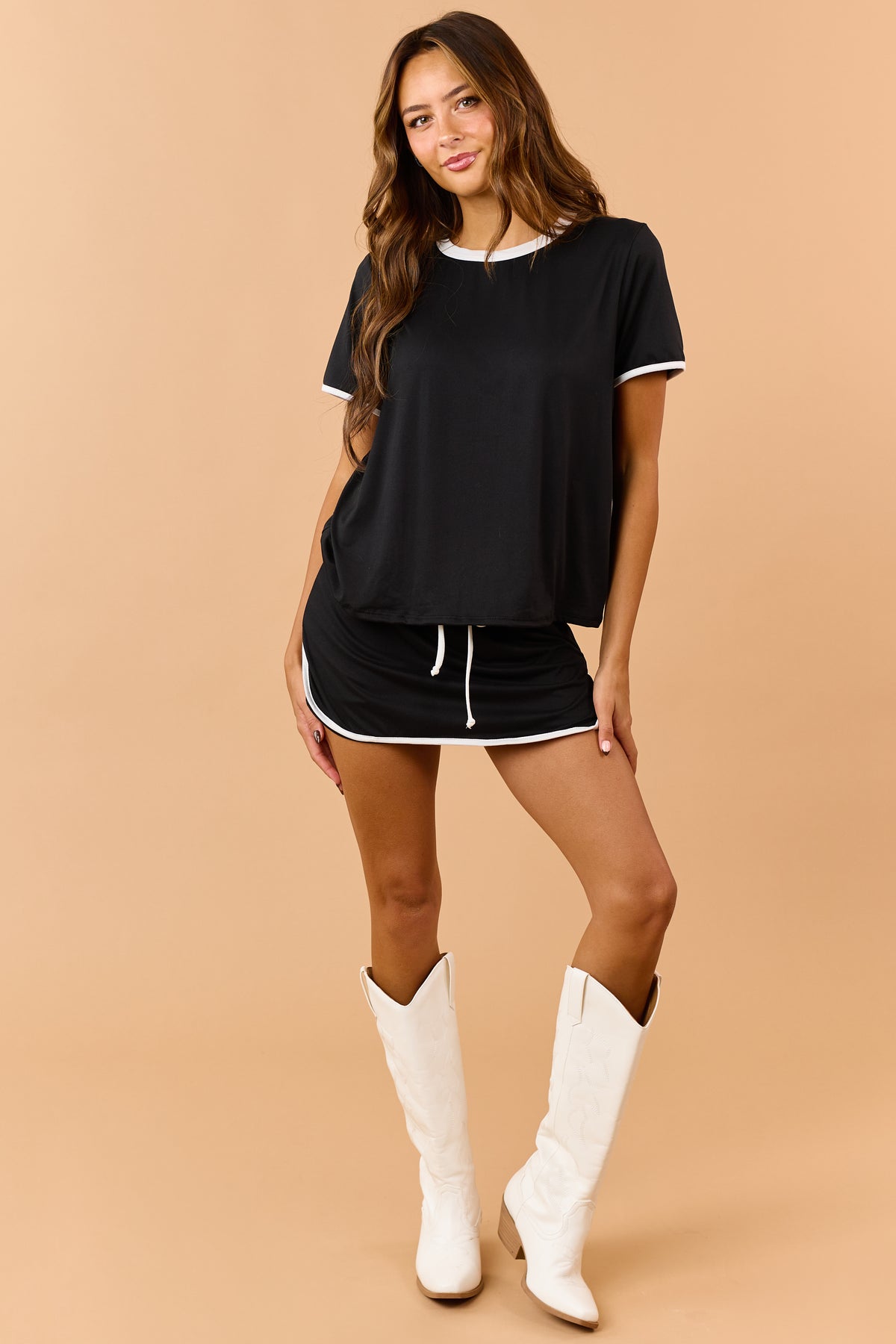 Black Contrast Trim Knit Top and Skort Set