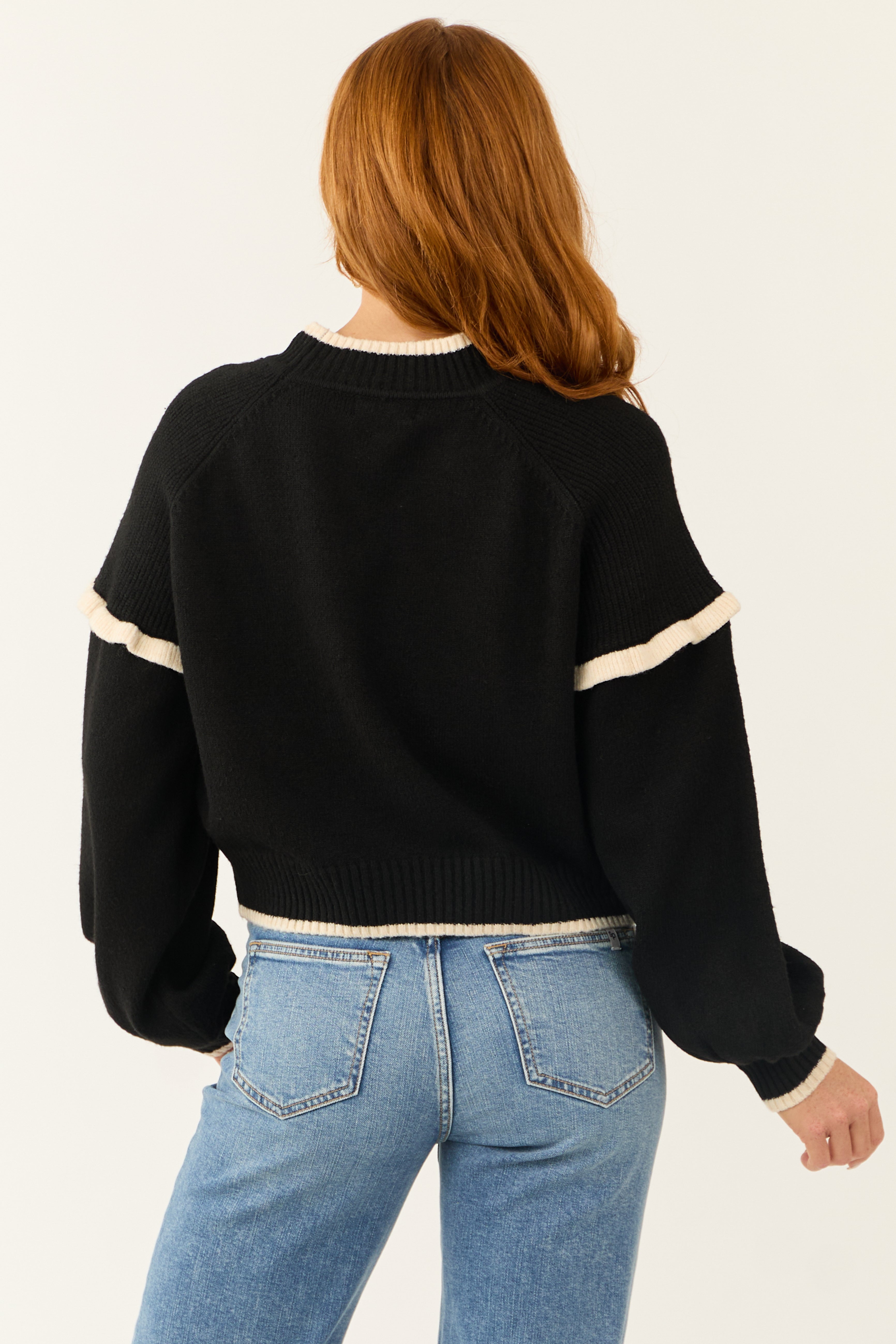 Black Contrast Trim Ruffle Shoulder Sweater
