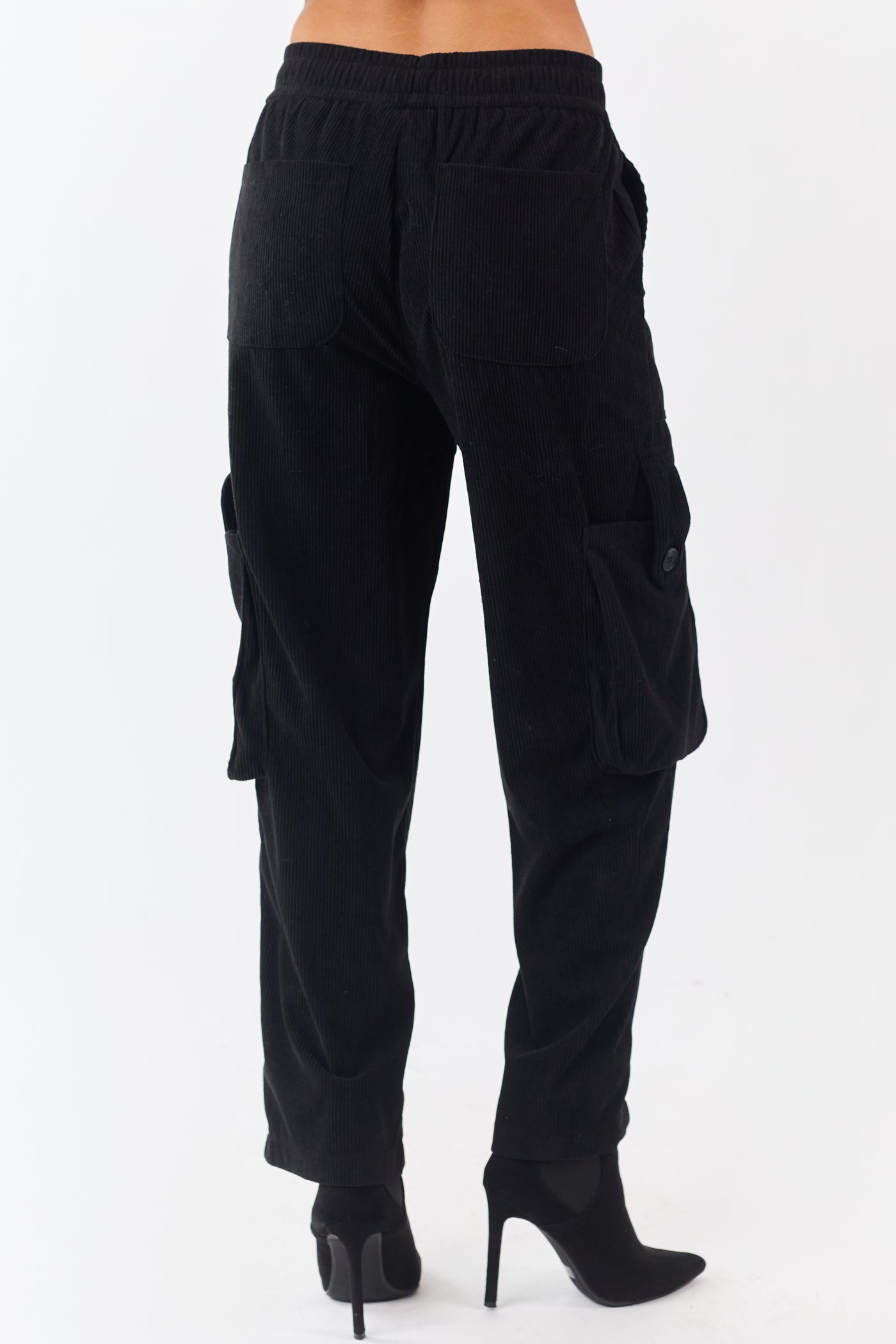 Black Corduroy Drawstring Waist Cargo Pants
