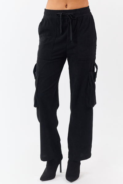 Black Corduroy Drawstring Waist Cargo Pants