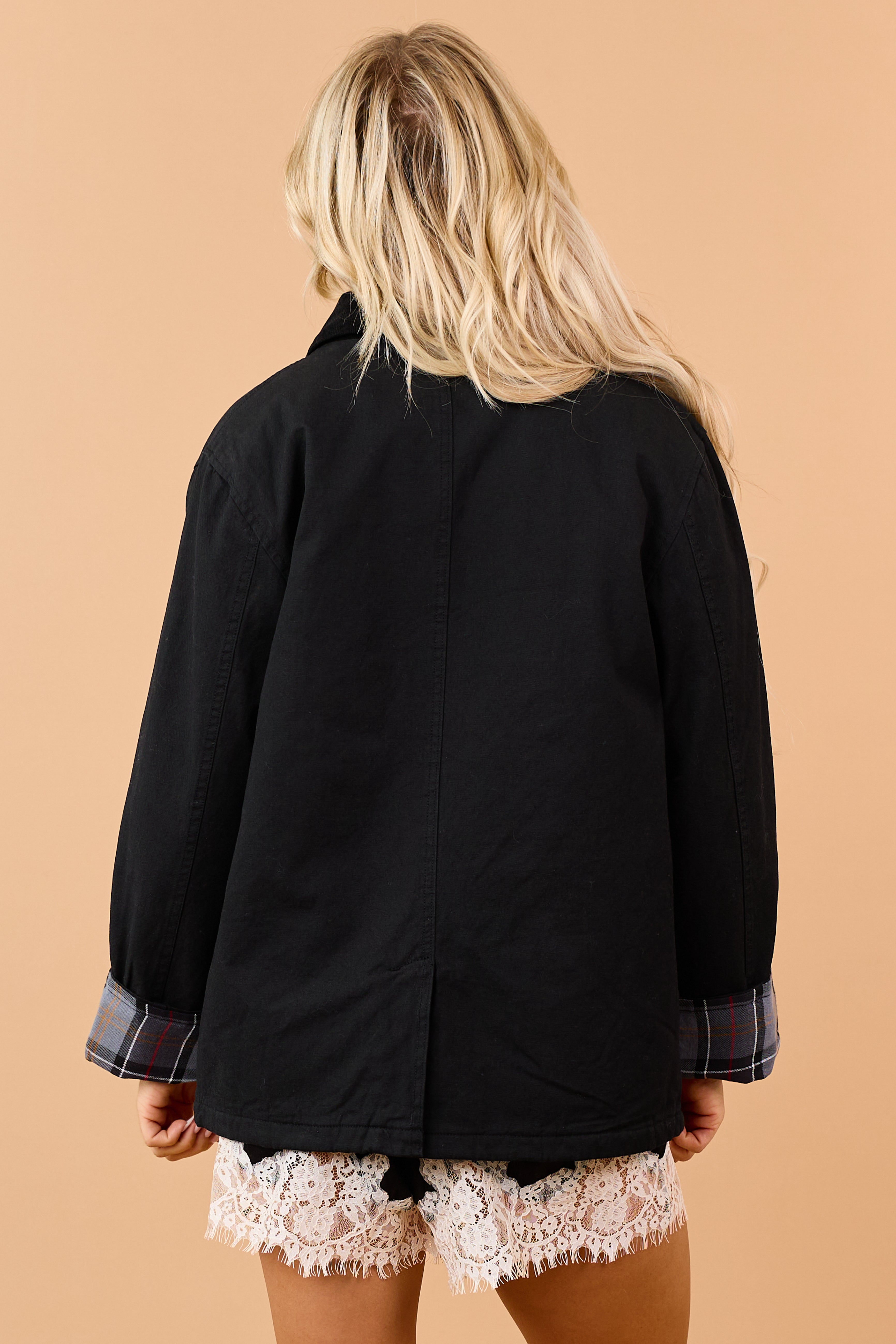 Black Corduroy Plaid Contrast Zip Up Utility Jacket