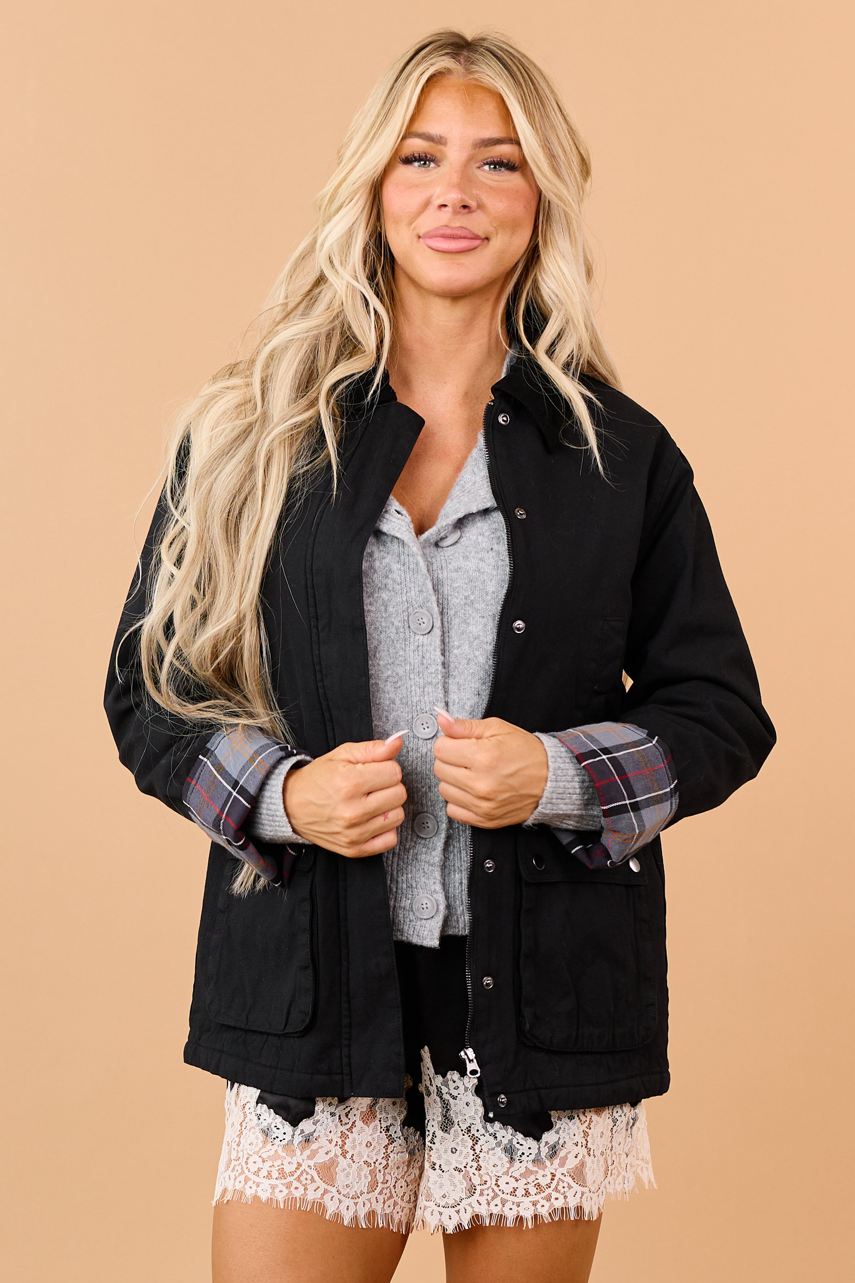 Black Corduroy Plaid Contrast Zip Up Utility Jacket